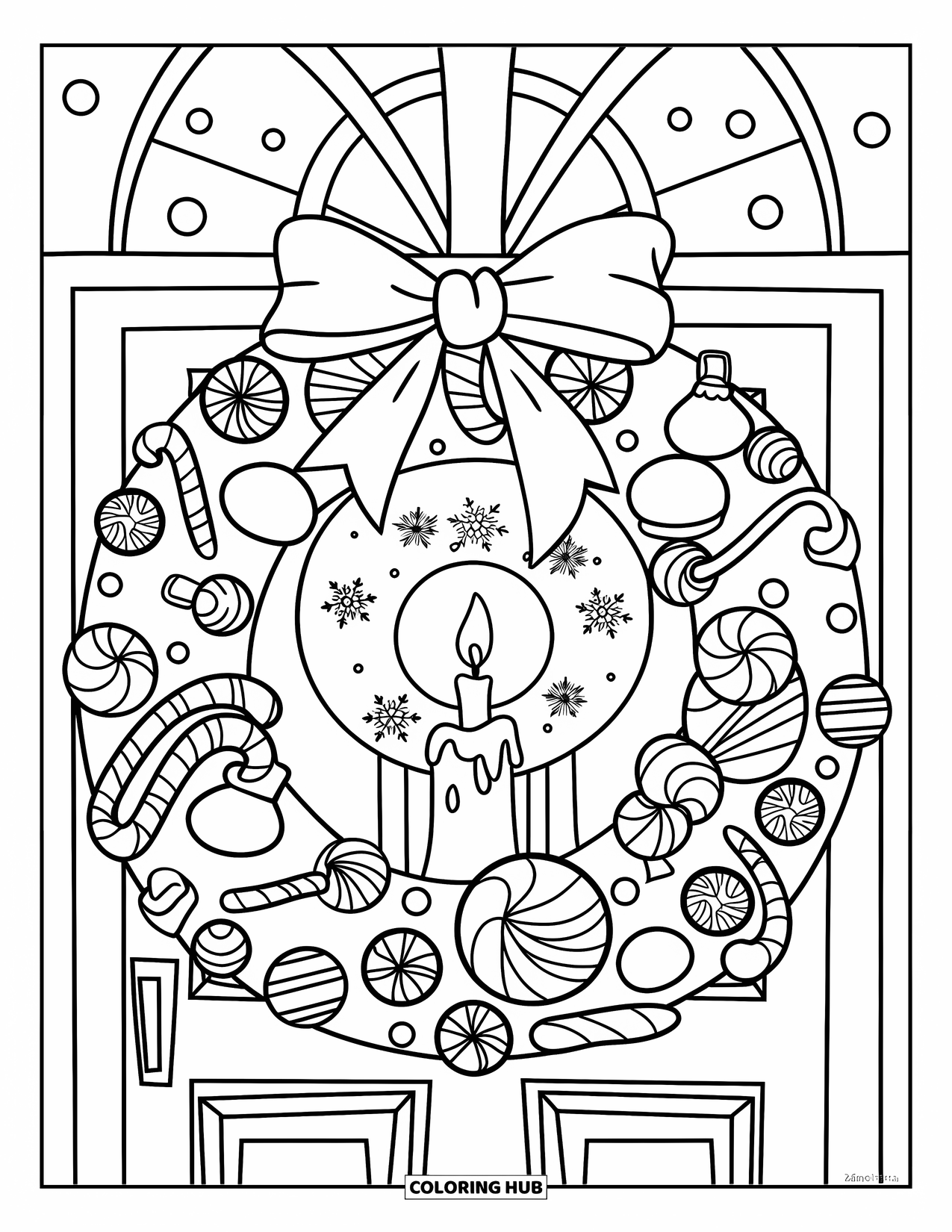 Christmas Candy Coloring Page for Kids: A gumdrop wreath with a candle glows gently on a snowy night