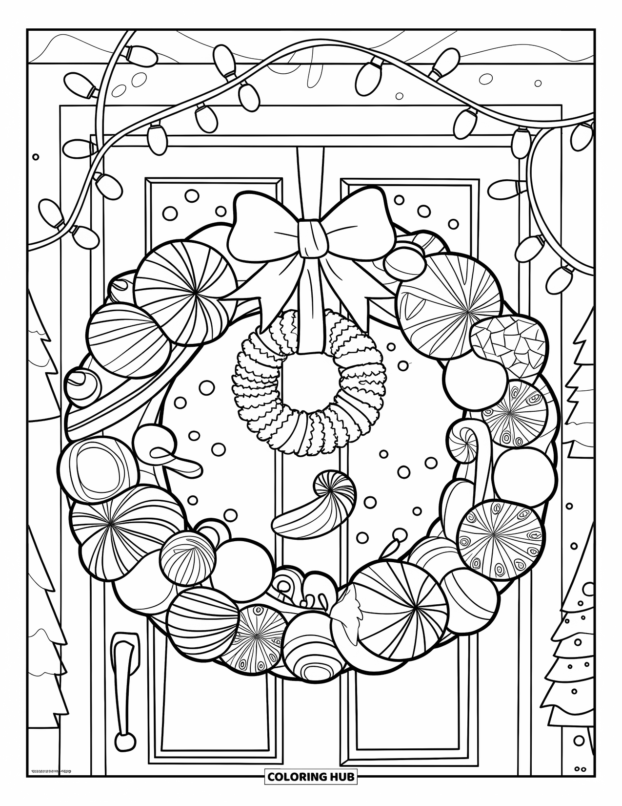 Christmas Candy Coloring Page for Kids: A peppermint wreath hangs on a snowy door wrapped in Christmas lights