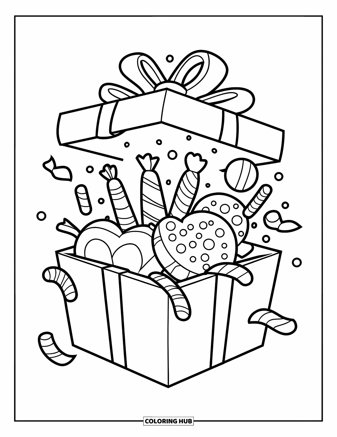 Christmas Candy Coloring Page for Kids: A present bursts open with candy, cookies, and ribbons