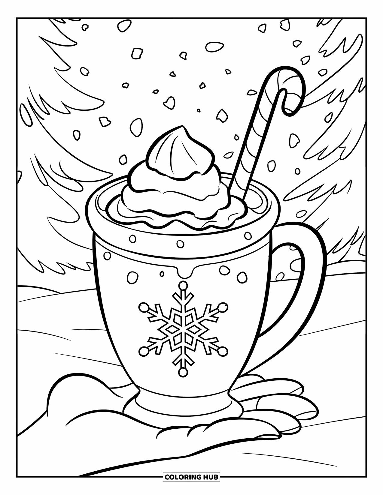 Christmas Candy Coloring Page for Kids: A small hand holds a cocoa mug with a snowflake and candy stick
