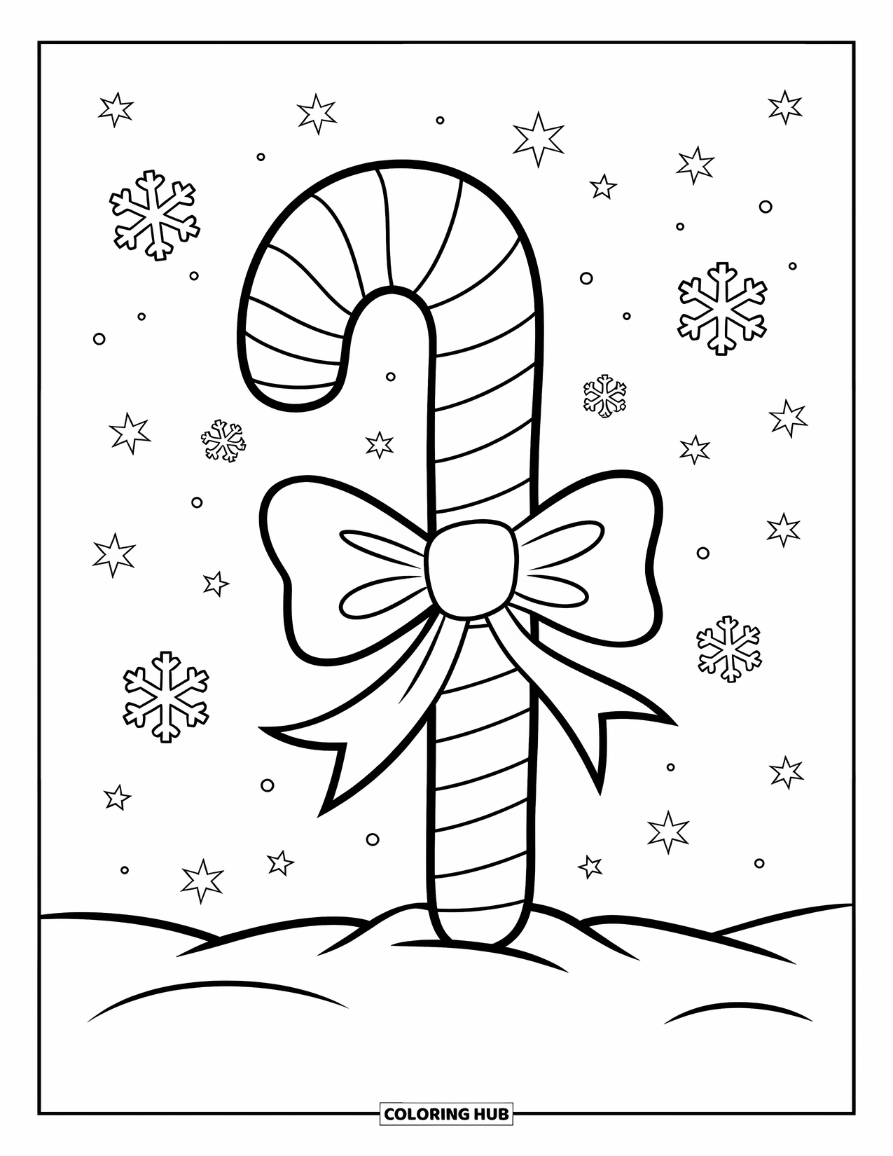 Christmas Candy Coloring Page for Kids: A snow-dusted candy cane with bow glows beneath starry skies