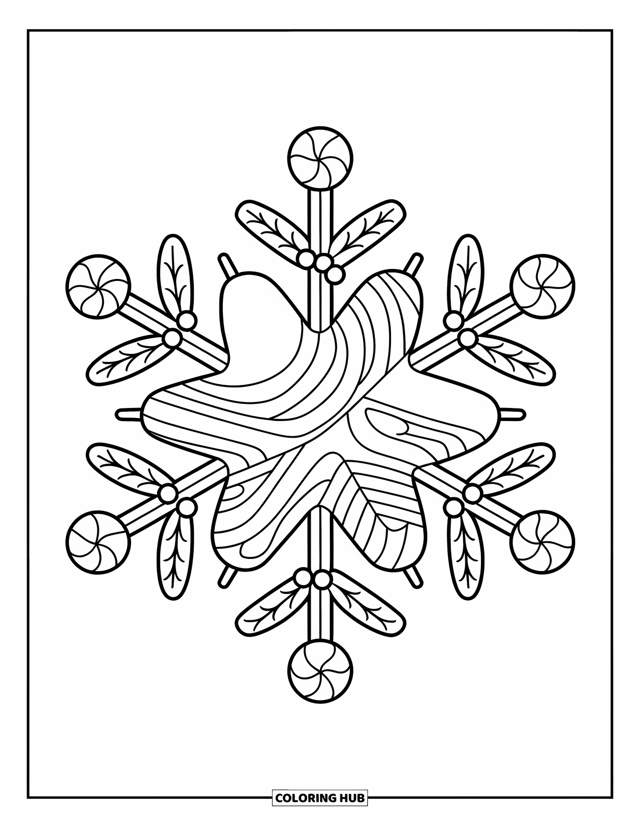 Christmas Candy Coloring Page for Kids: A star-topped snowflake is wrapped with striped peppermint and holly garlands