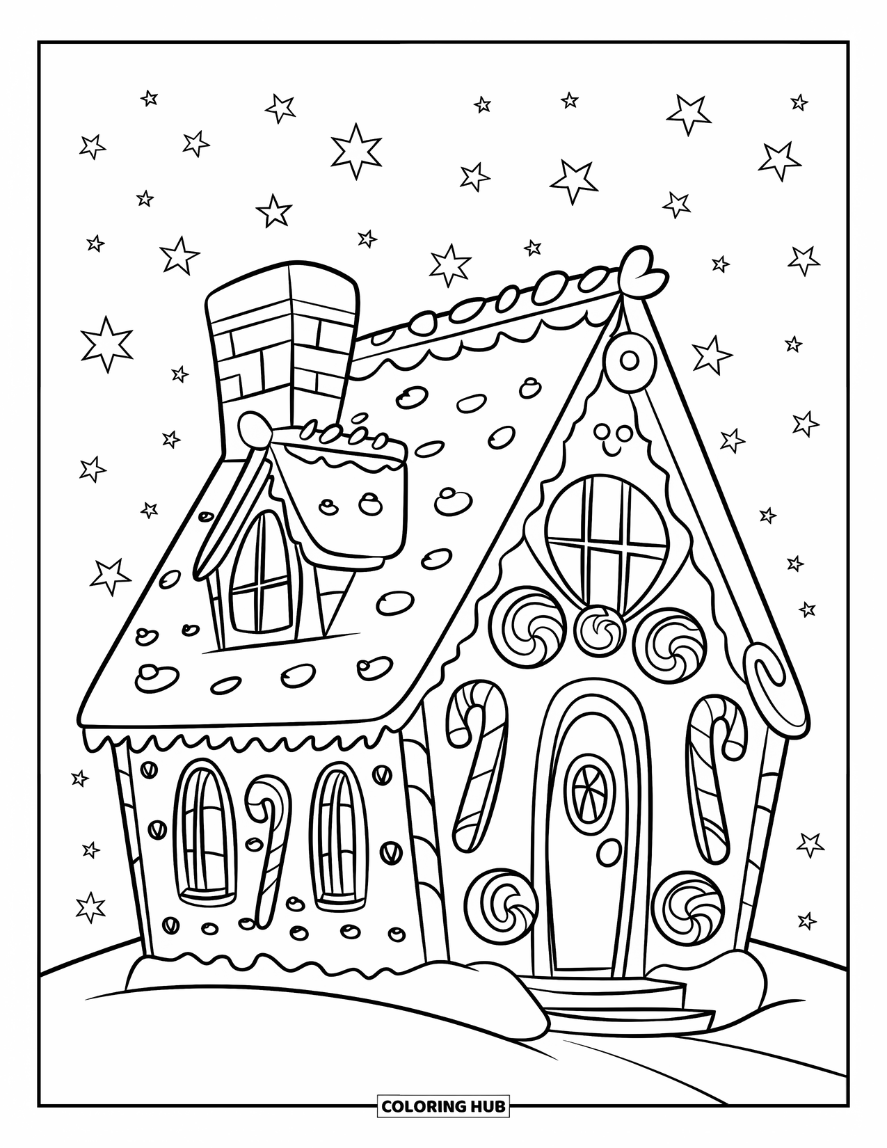 Christmas Candy Coloring Page for Kids: A starry night surrounds a candy-coated gingerbread house on snowy ground