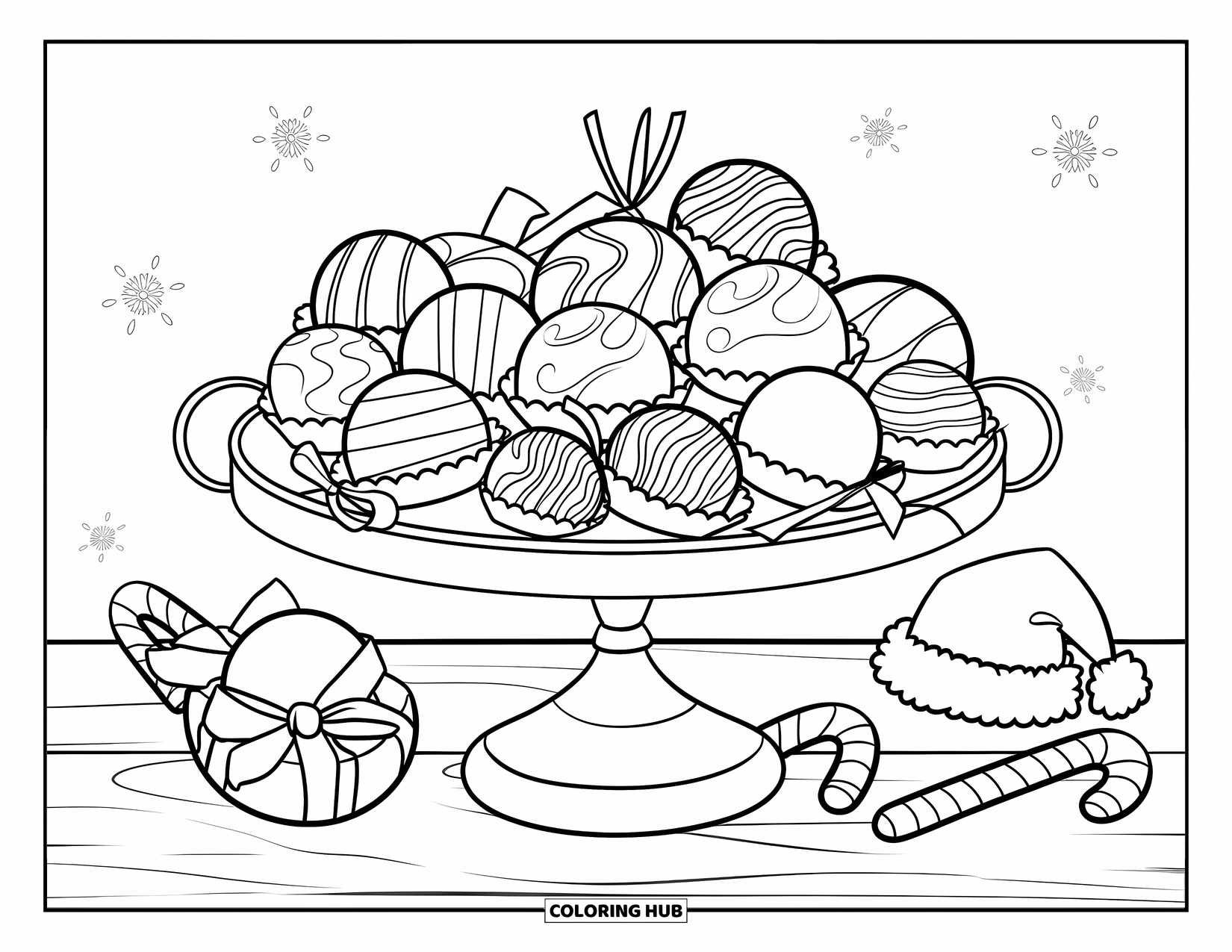 Christmas Candy Coloring Page for Kids: A tray of truffles and bonbons sits near a Santa hat and snowflakes