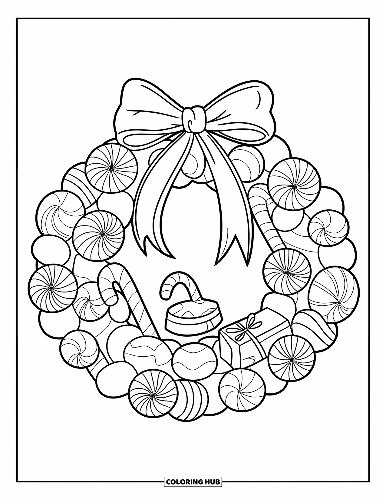 Christmas Candy Coloring Page for Kids: Candy canes and gifts decorate a wreath made of sweet treats