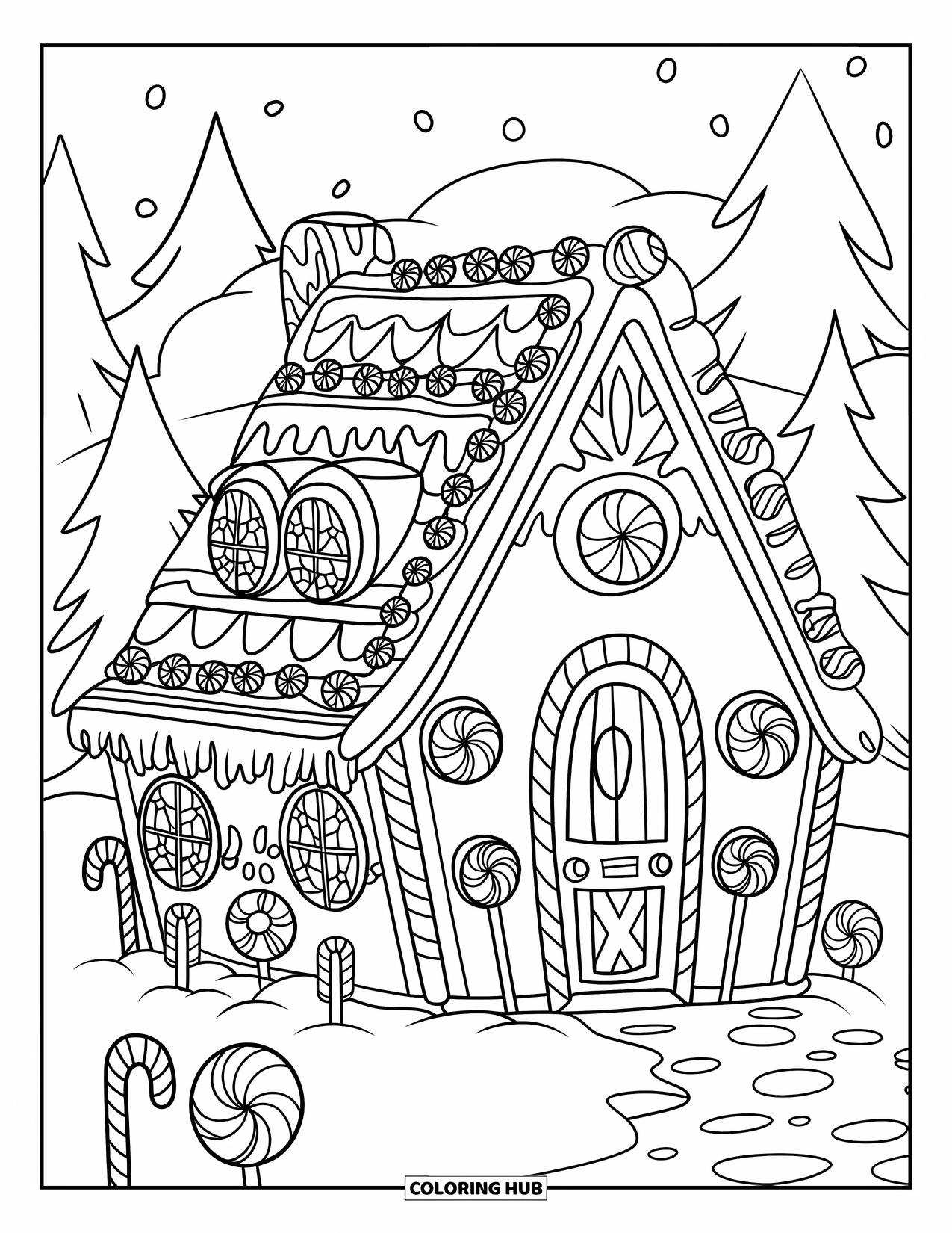 Christmas Candy Coloring Page for Kids: Gingerbread house decorations include candy canes and a snowy chimney