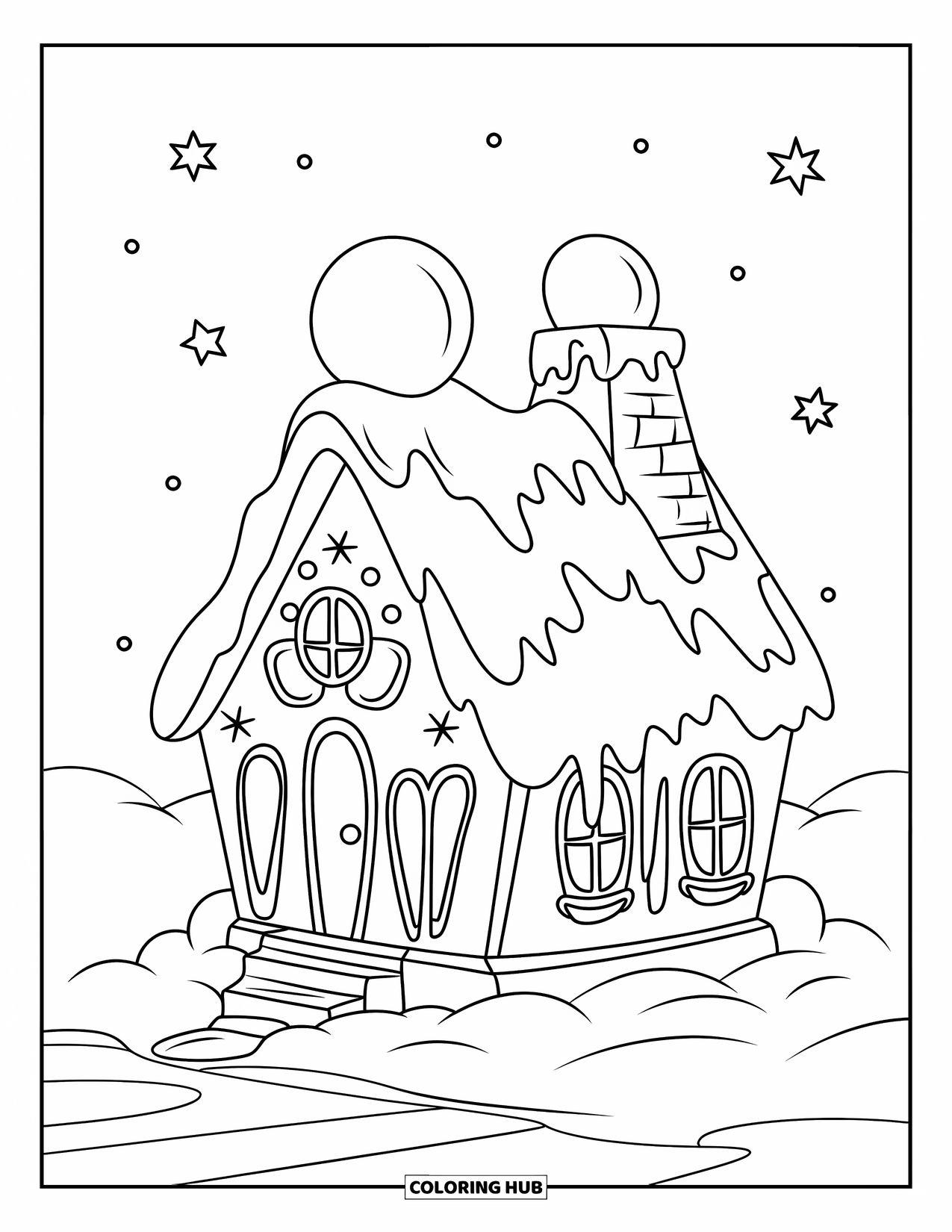 Christmas Candy Coloring Page for Kids: Gumdrops and stars decorate a sweet little candy house