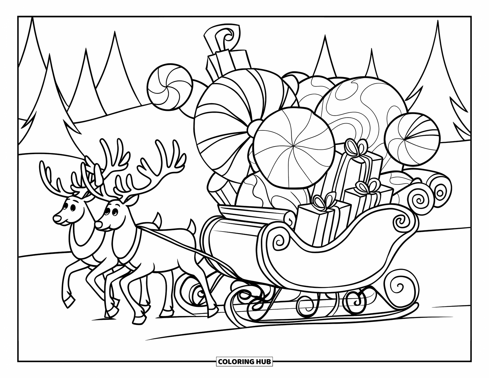 Christmas Candy Coloring Page for Kids: Reindeer pull a sleigh loaded with huge candy and presents
