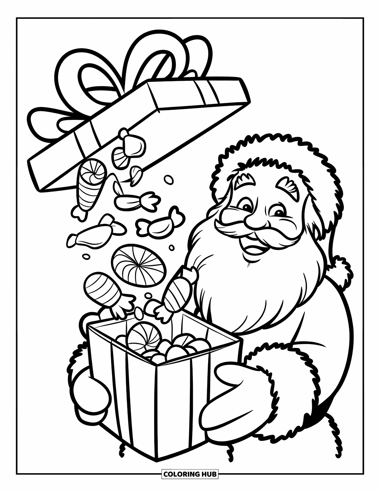 Christmas Candy Coloring Page for Kids: Santa holds a gift bursting with candy and cheer