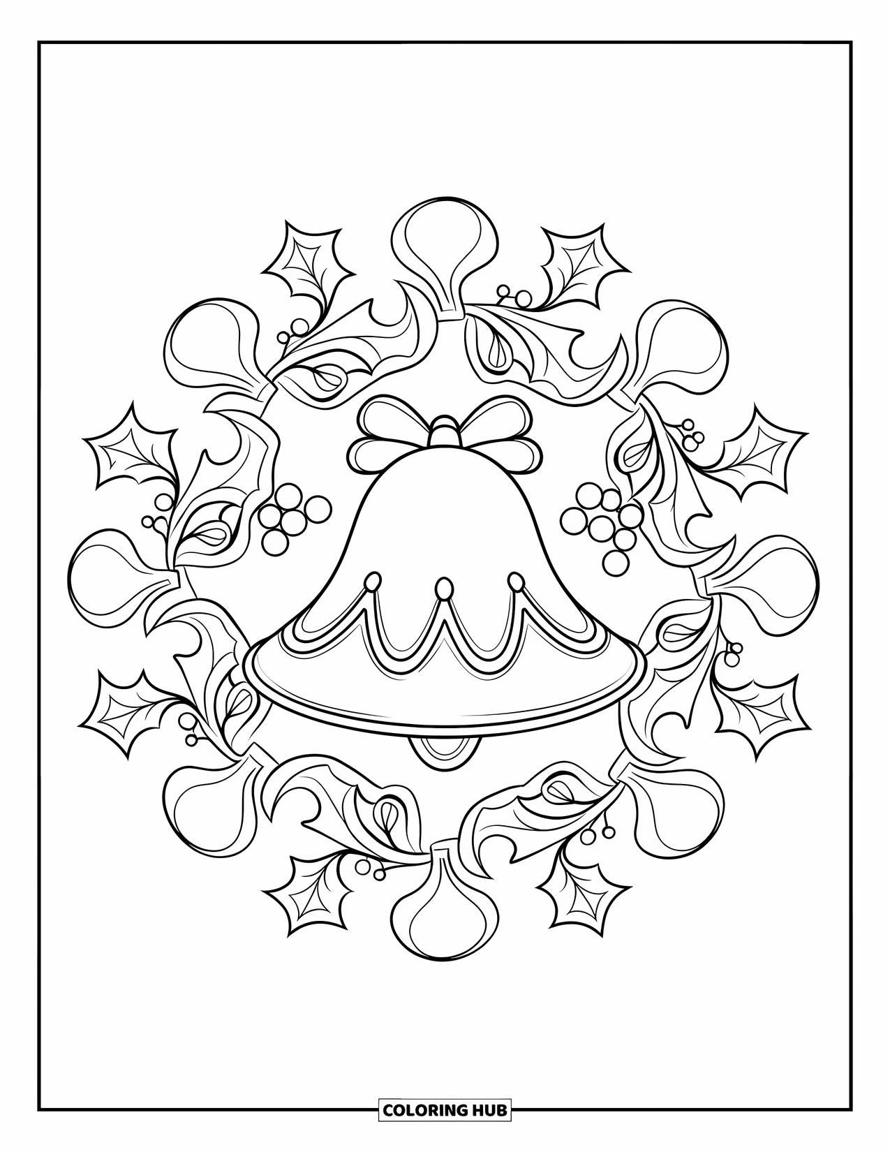 Christmas Cookie Coloring Page for Adults: A bell-shaped cookie is surrounded by swirling holly vine mandala patterns