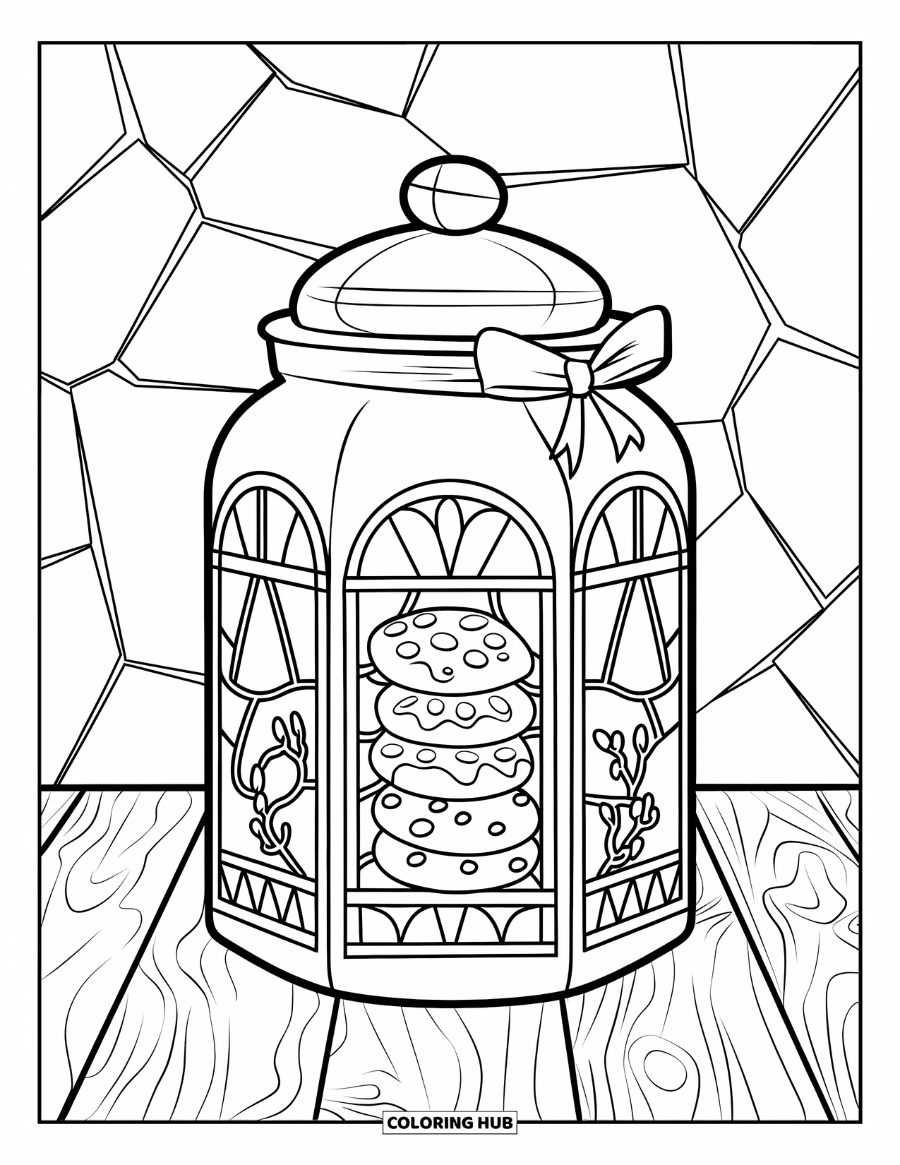 Christmas Cookie Coloring Page for Adults: A cookie jar filled with treats sits on a table inside stained glass panels