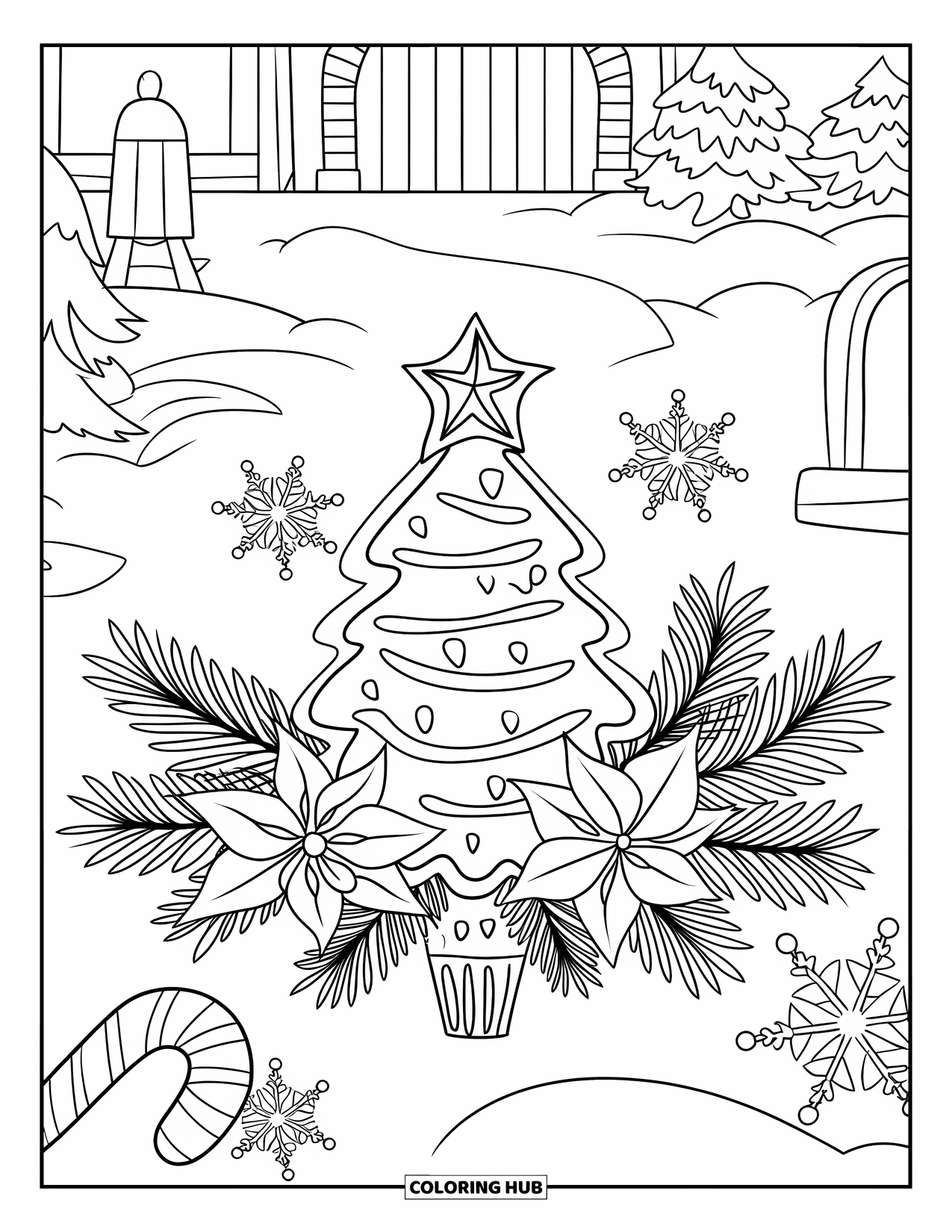 Christmas Cookie Coloring Page for Adults: A festive tree cookie is surrounded by snowflakes, candy canes, and pine leaves