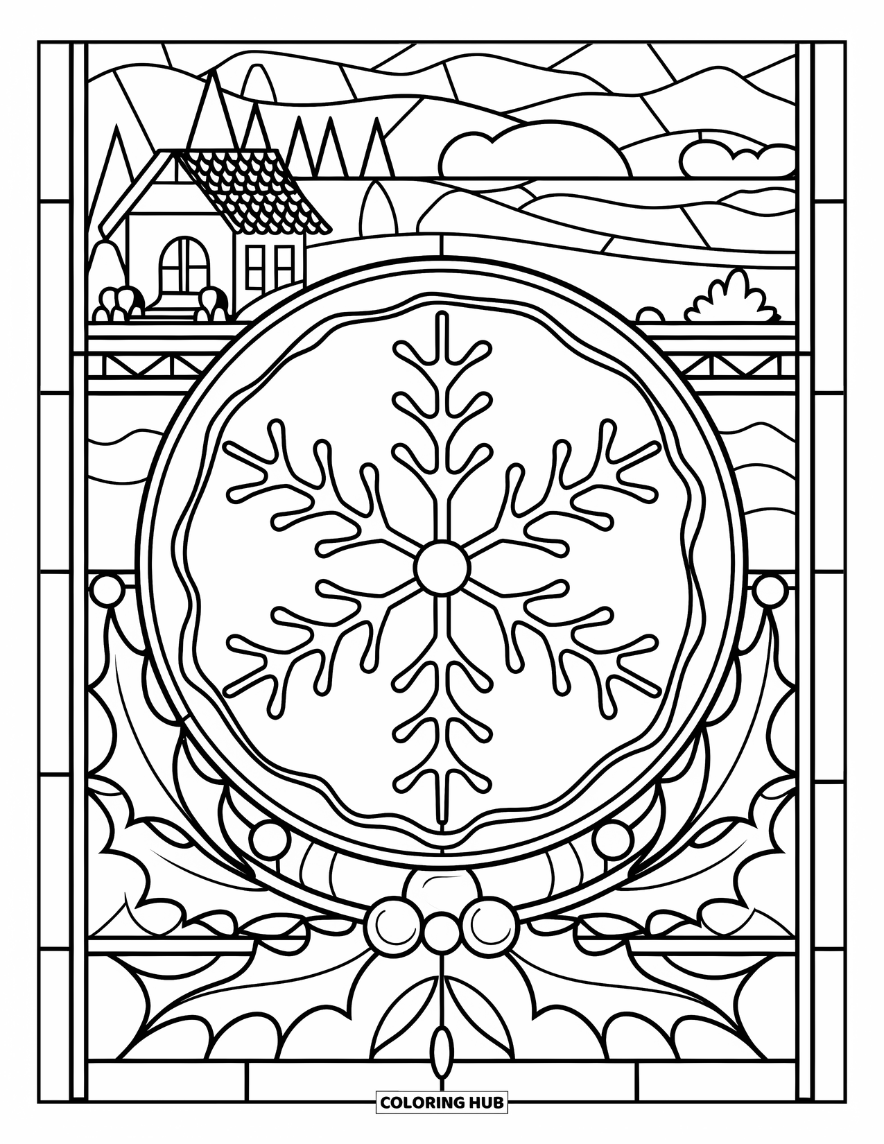 Christmas Cookie Coloring Page for Adults: A snowflake cookie is framed by holly and a cottage landscape inside stained glass