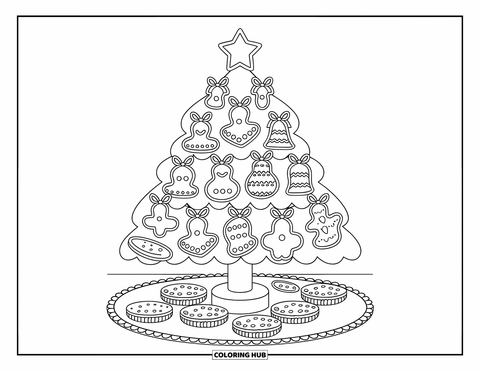 Christmas Cookie Coloring Page for Adults: A star cookie tops a charming tree surrounded by sweet cookie shapes