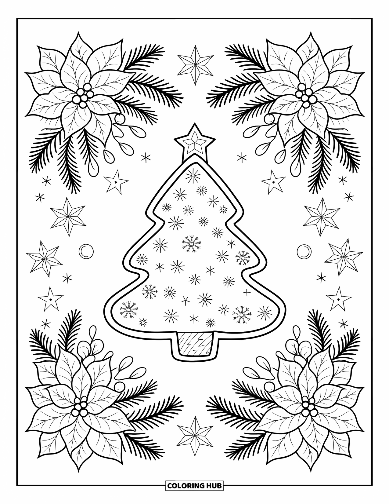 Christmas Cookie Coloring Page for Adults: A tree cookie with ornaments sits among poinsettias and starry patterns
