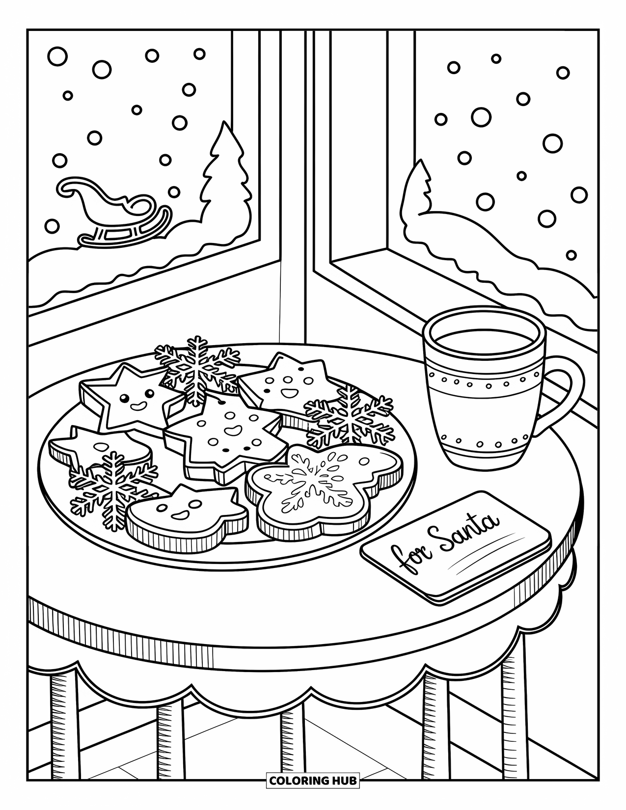 Christmas Cookie Coloring Page for Adults: Cookies, milk, and a "For Santa" note rest near a snowy window