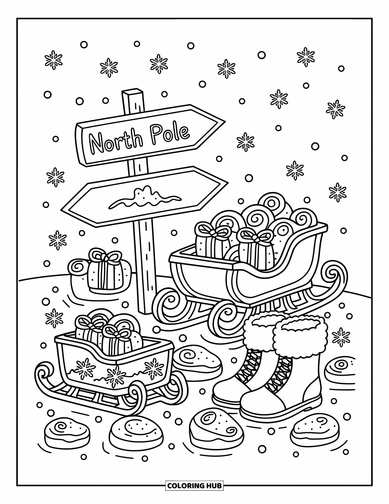Christmas Cookie Coloring Page for Adults: Iced cookies shaped like sleighs, signs, and gifts form a fun holiday scene