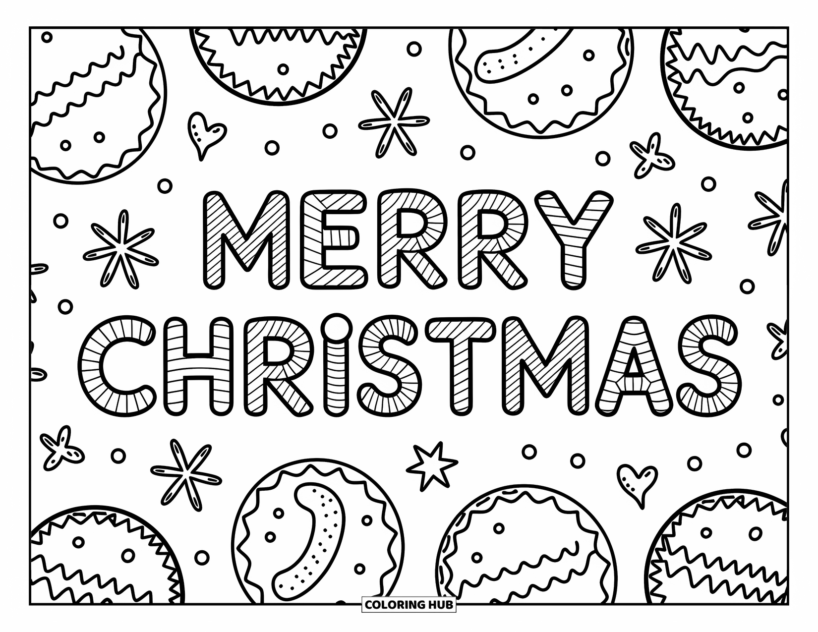 Christmas Cookie Coloring Page for Adults: "MERRY CHRISTMAS" is spelled out in fun frosted cookie letters