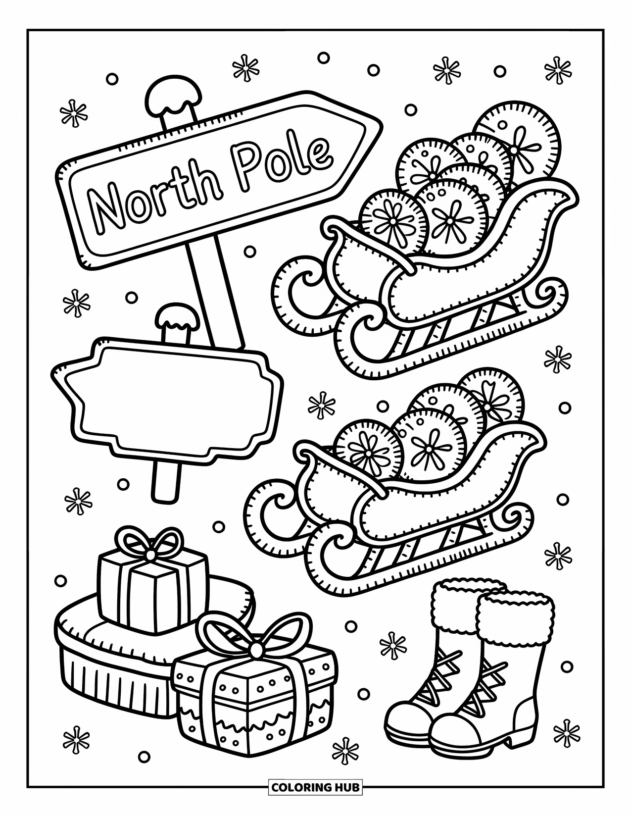 Christmas Cookie Coloring Page for Adults: North Pole signs and tiny sleigh cookies rest under drifting snowflakes