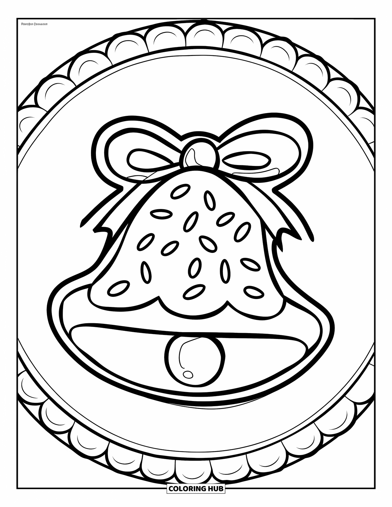 Christmas Cookie Coloring Page for Kids: A bell cookie with a ribbon outline sits on a clean plate