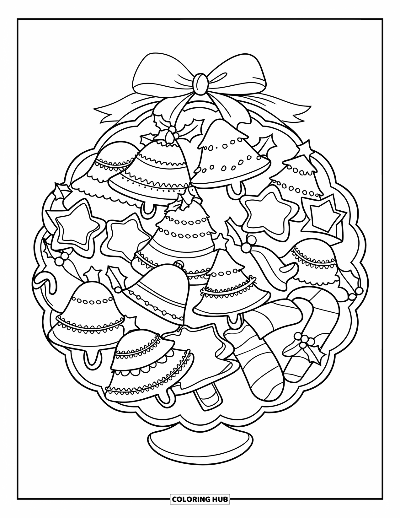 Christmas Cookie Coloring Page for Kids: A big cookie platter is topped with a bow and filled with festive shapes