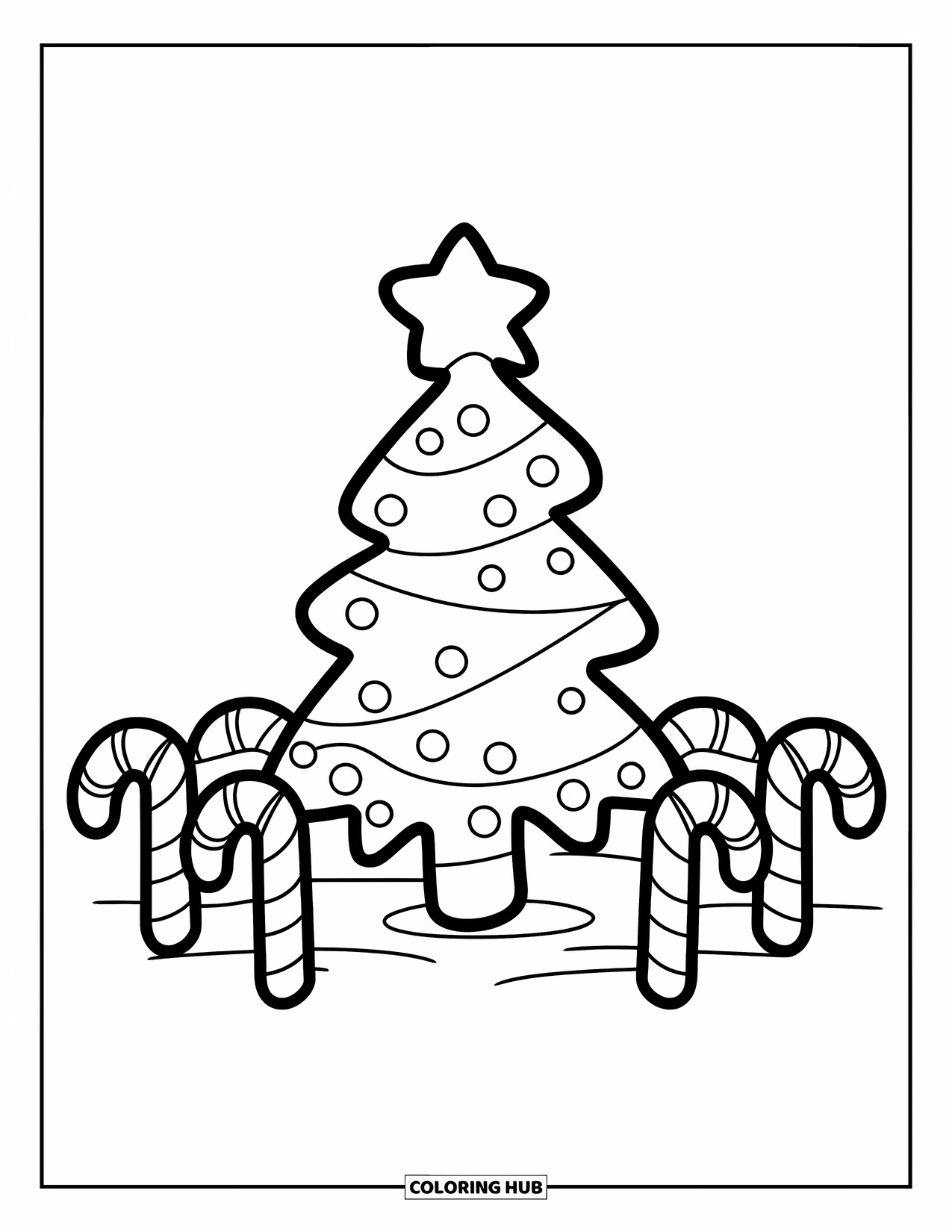 Christmas Cookie Coloring Page for Kids: A big tree cookie is surrounded by mini candy cane cookies