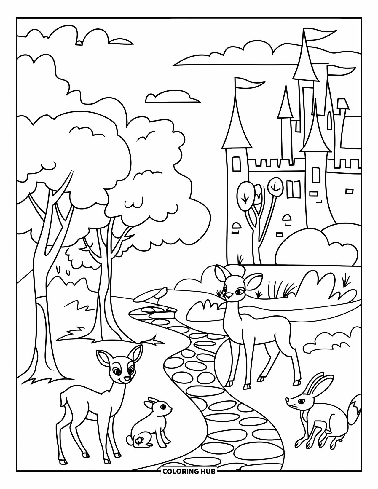 Christmas Cookie Coloring Page for Kids: A castle scene with forest animals and clouds fills the background