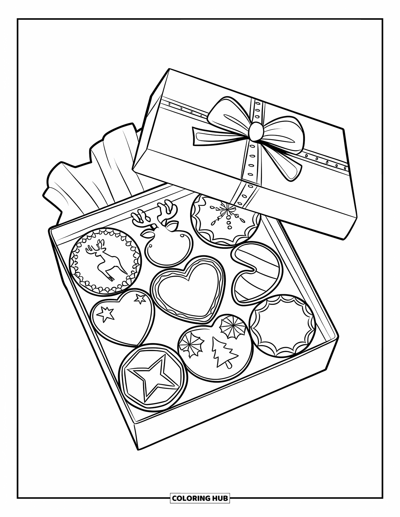 Christmas Cookie Coloring Page for Kids: A gift box reveals eight cookies shaped like stars, reindeer, and candy canes