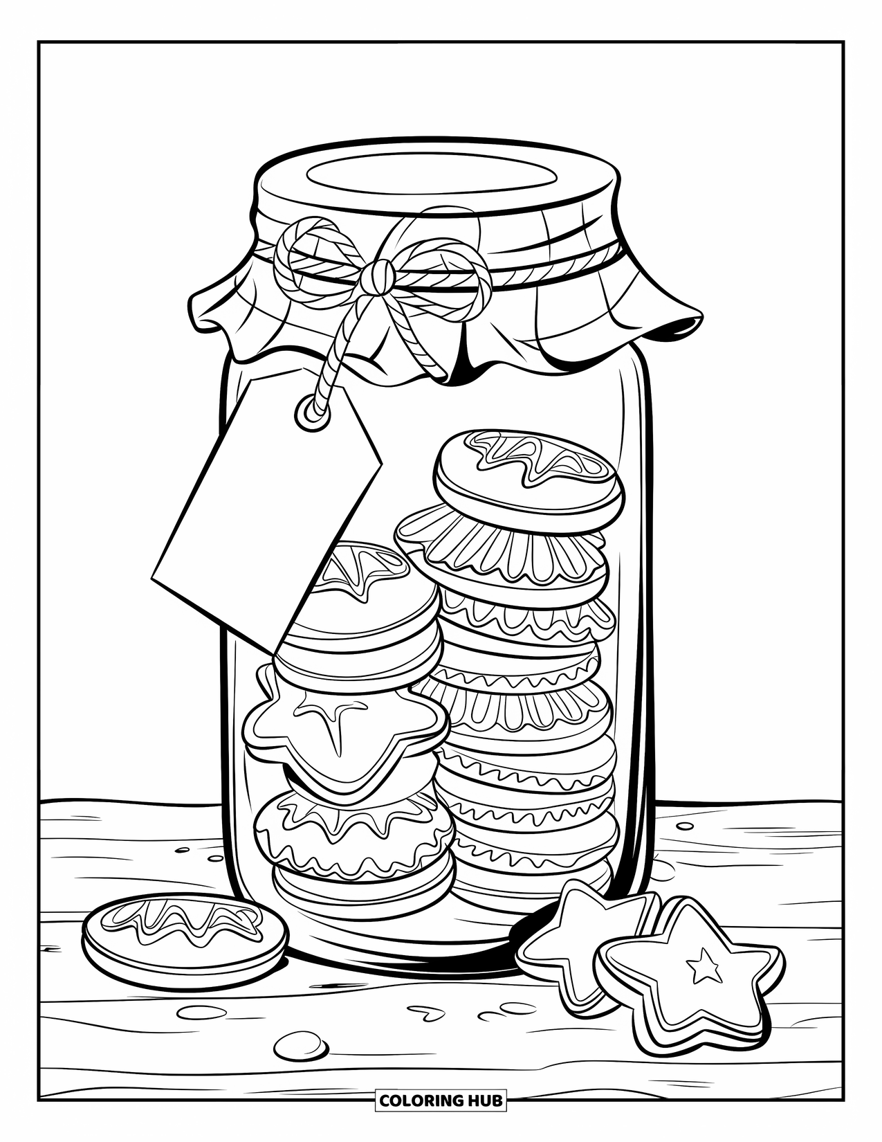 Christmas Cookie Coloring Page for Kids: A jar filled with holiday cookies sits on a wooden surface