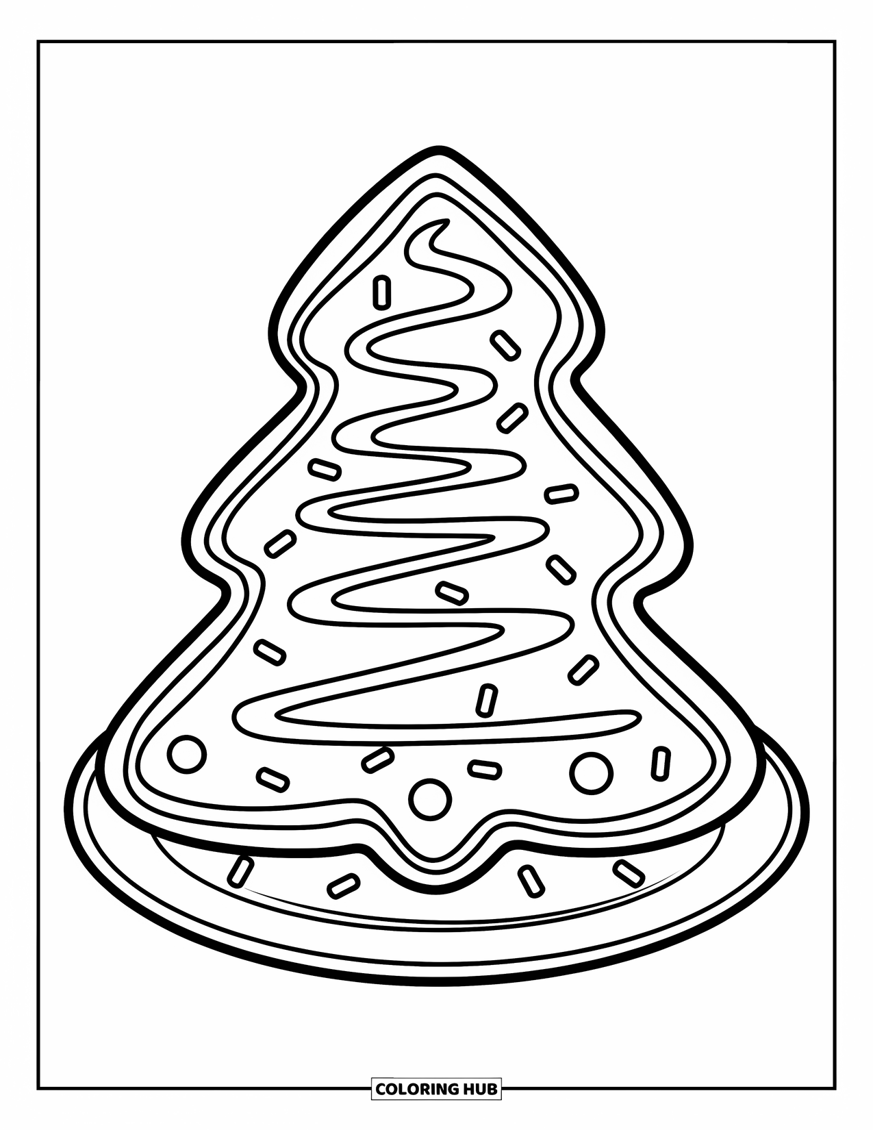 Christmas Cookie Coloring Page for Kids: A large tree cookie with zigzag frosting sparkles with sprinkles