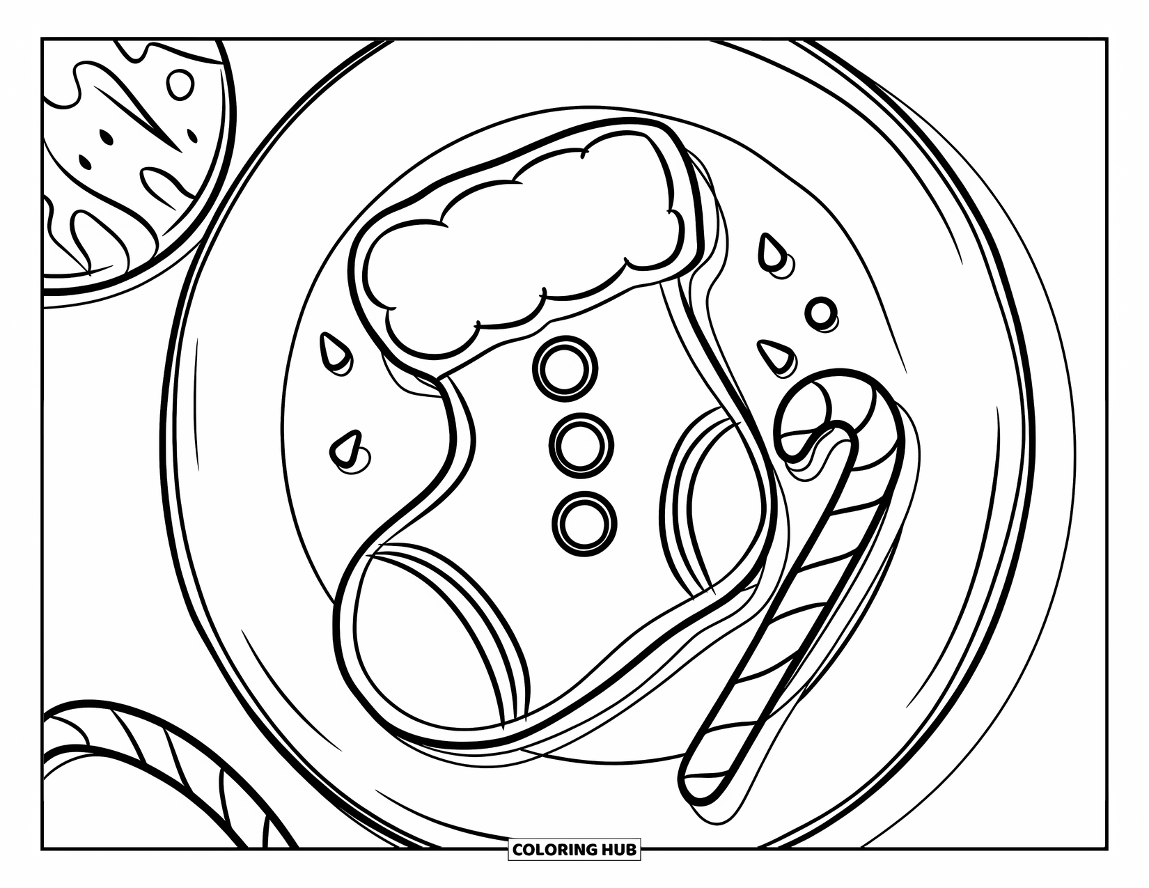 Christmas Cookie Coloring Page for Kids: A plate holds a stocking cookie beside candy and sprinkles