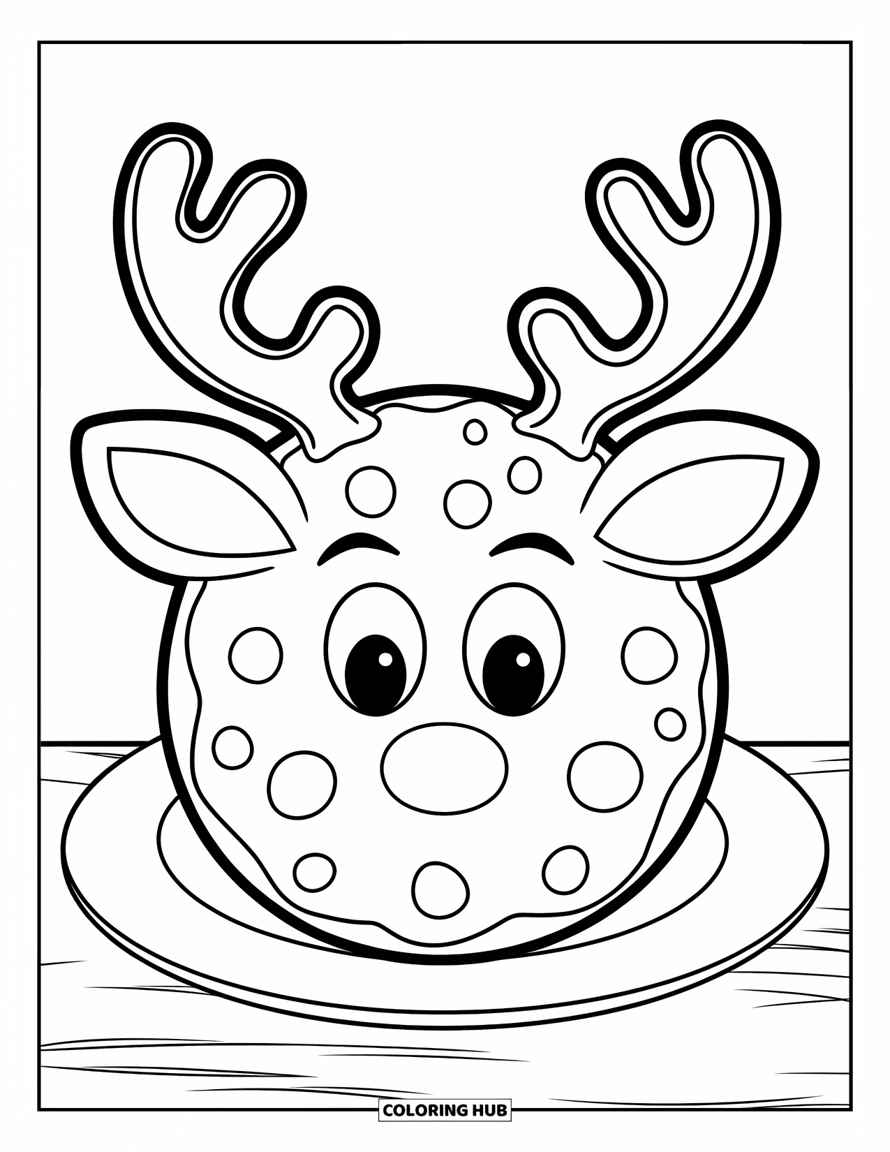 Christmas Cookie Coloring Page for Kids: A reindeer cookie sits alone on a white plate