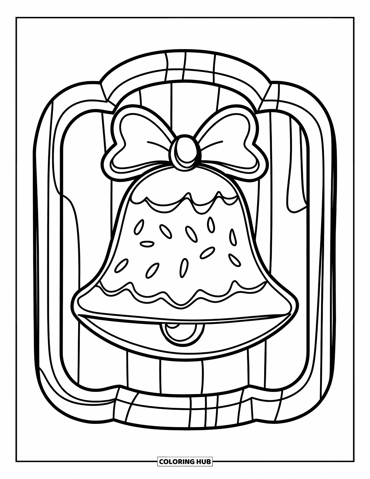 Christmas Cookie Coloring Page for Kids: A ribbon-lined bell cookie sits on a wooden board with sprinkles