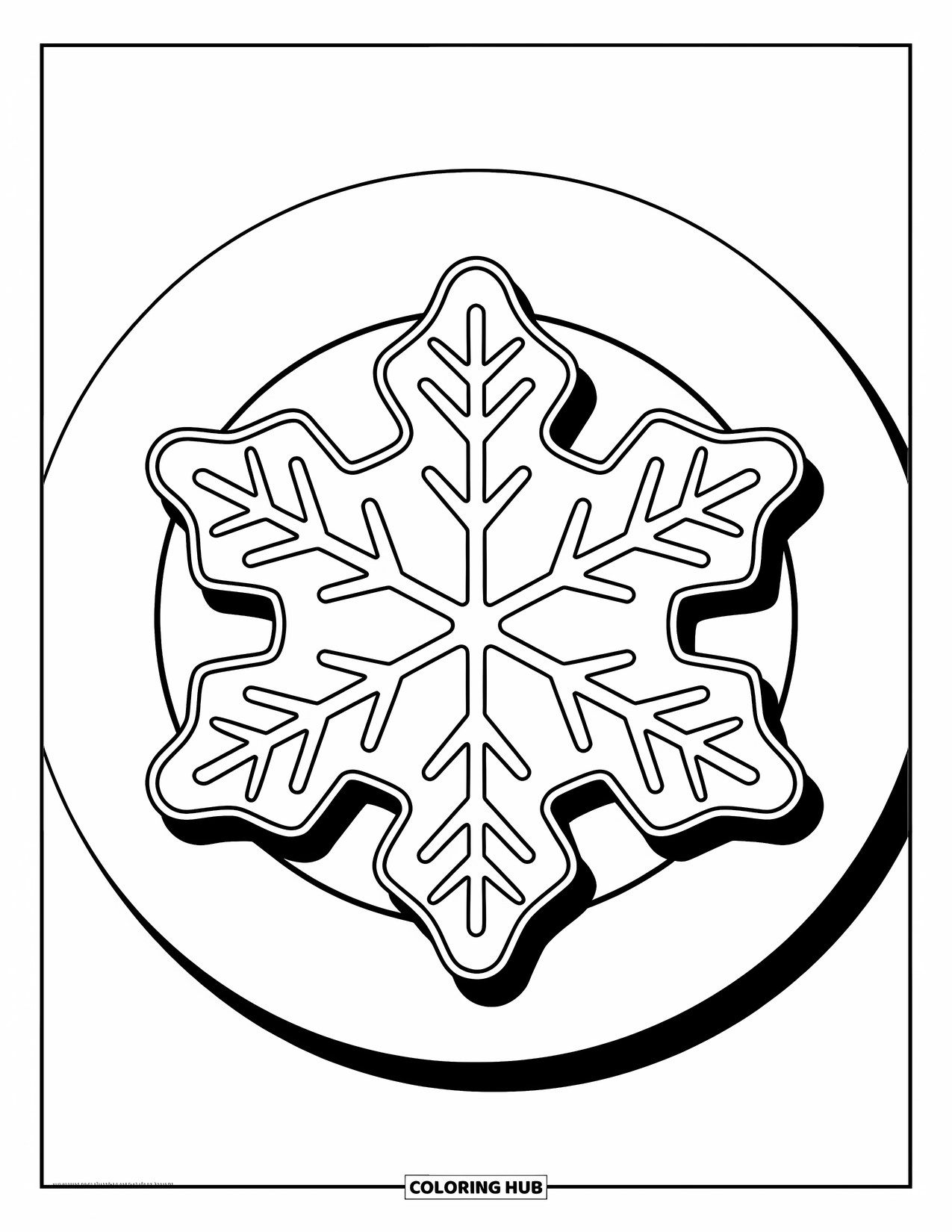 Christmas Cookie Coloring Page for Kids: A snowflake cookie with wide arms rests on a clean plate