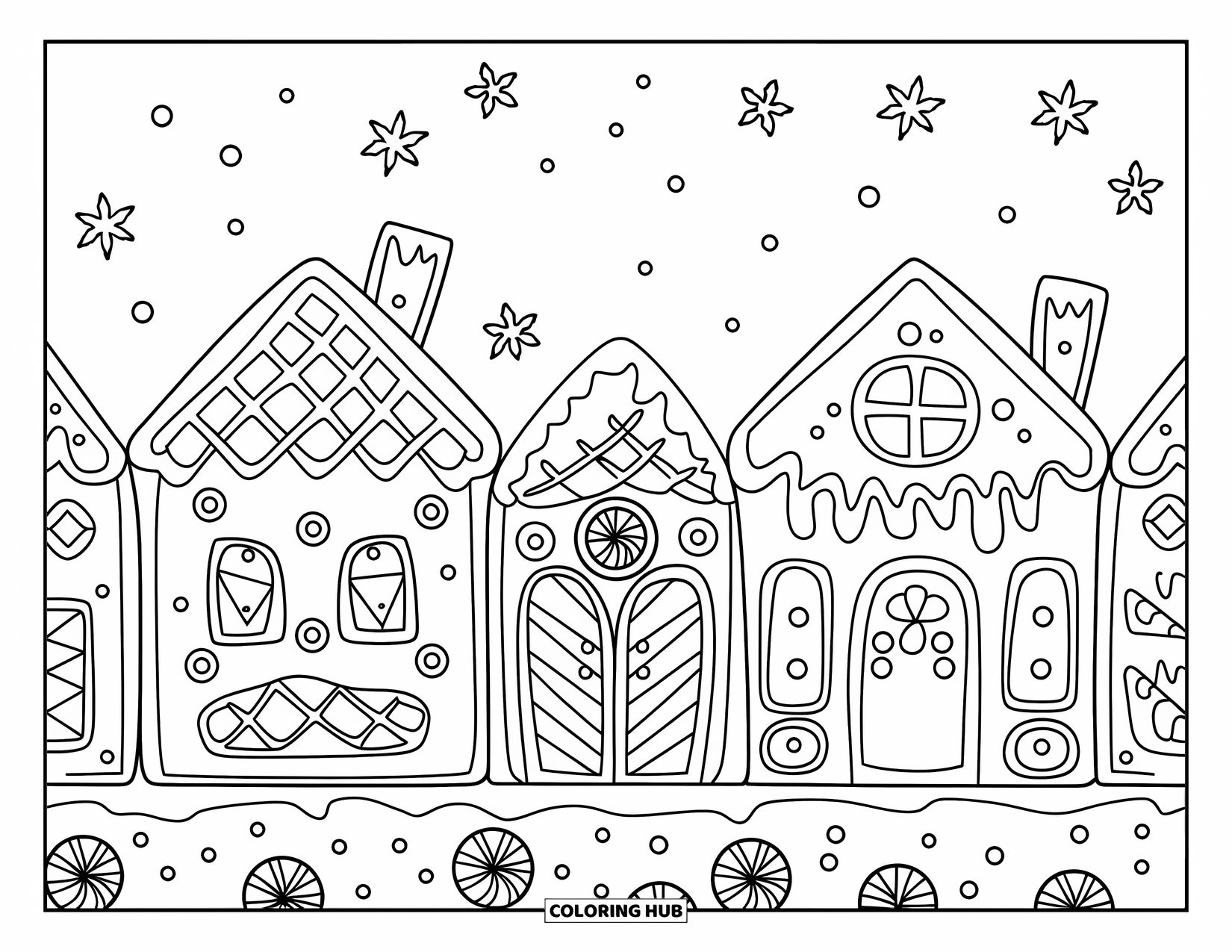 Christmas Cookie Coloring Page for Kids: A snowy scene with frosted cookie houses and peppermint paths