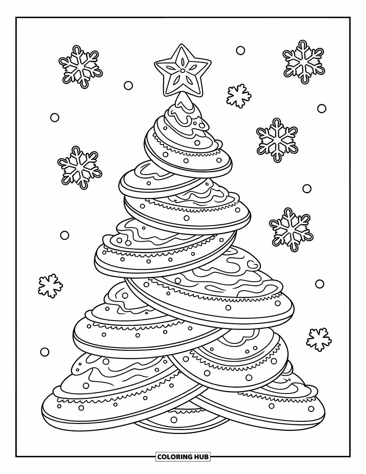 Christmas Cookie Coloring Page for Kids: A tall tree made of stacked cookies is decorated with icing and tiny dots