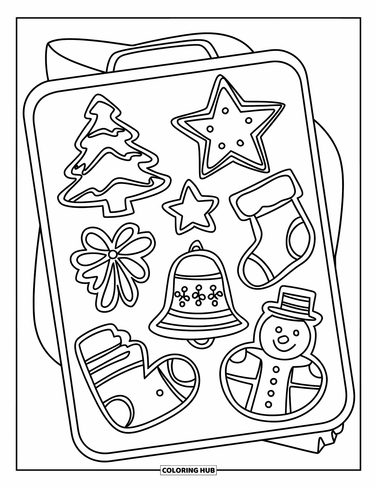 Christmas Cookie Coloring Page for Kids: A tray of holiday cookies is filled with festive shapes and sprinkles