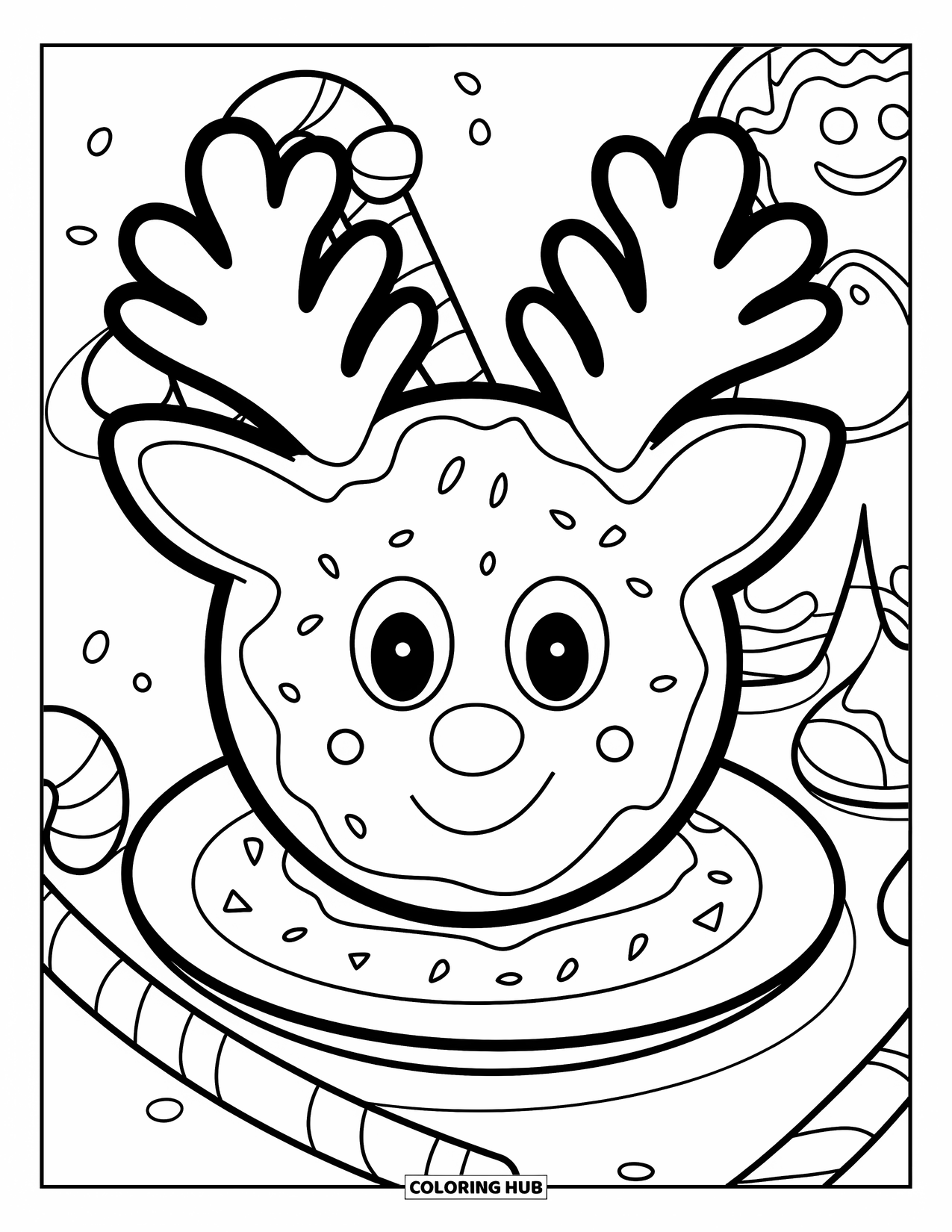 Christmas Cookie Coloring Page for Kids: Candy canes and a gingerbread man sit beside a smiling reindeer cookie