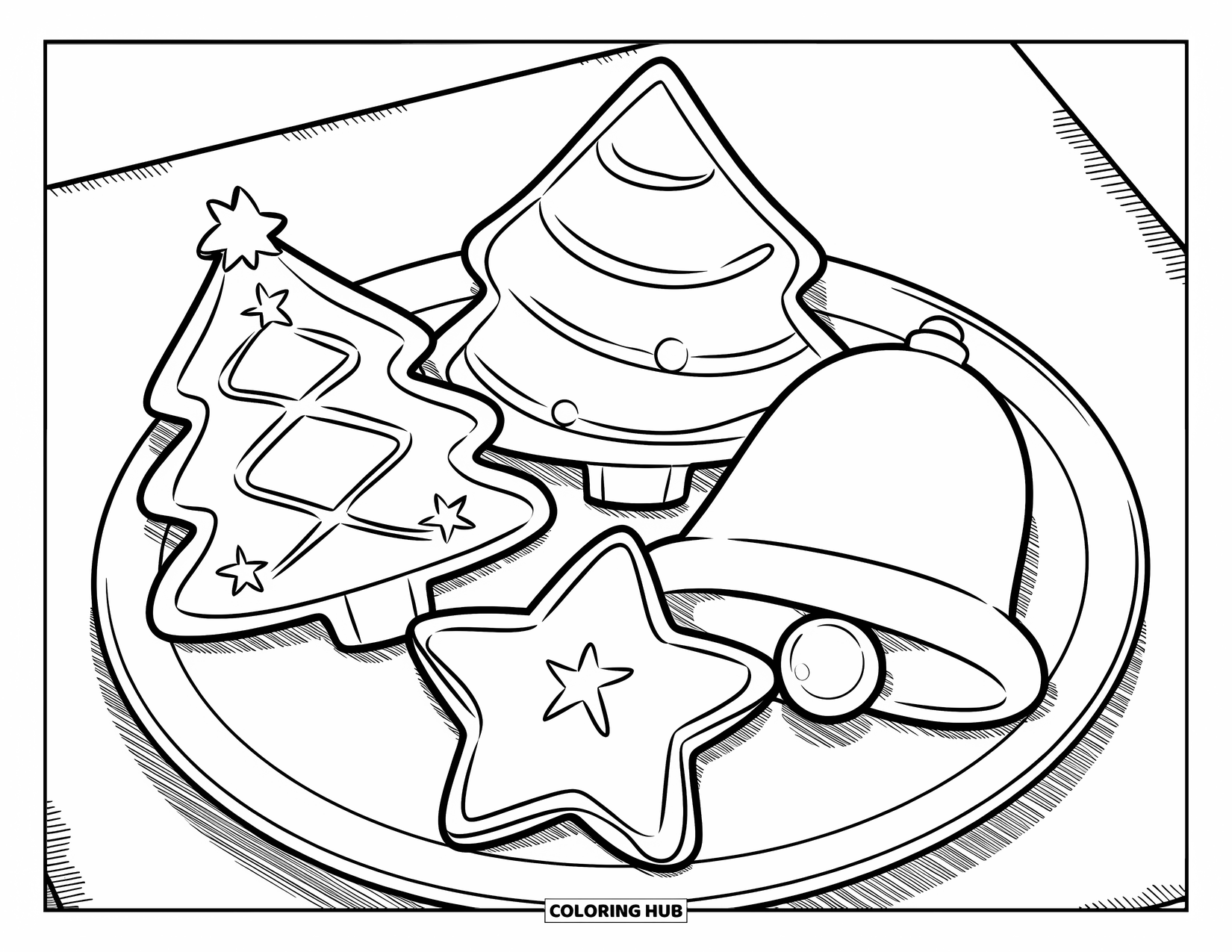 Christmas Cookie Coloring Page for Kids: Christmas cookies shaped like trees and stars rest on a green surface
