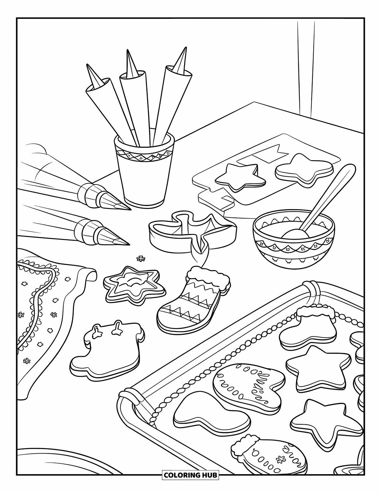 Christmas Cookie Coloring Page for Kids: Cookies and icing are scattered across a festive baking table
