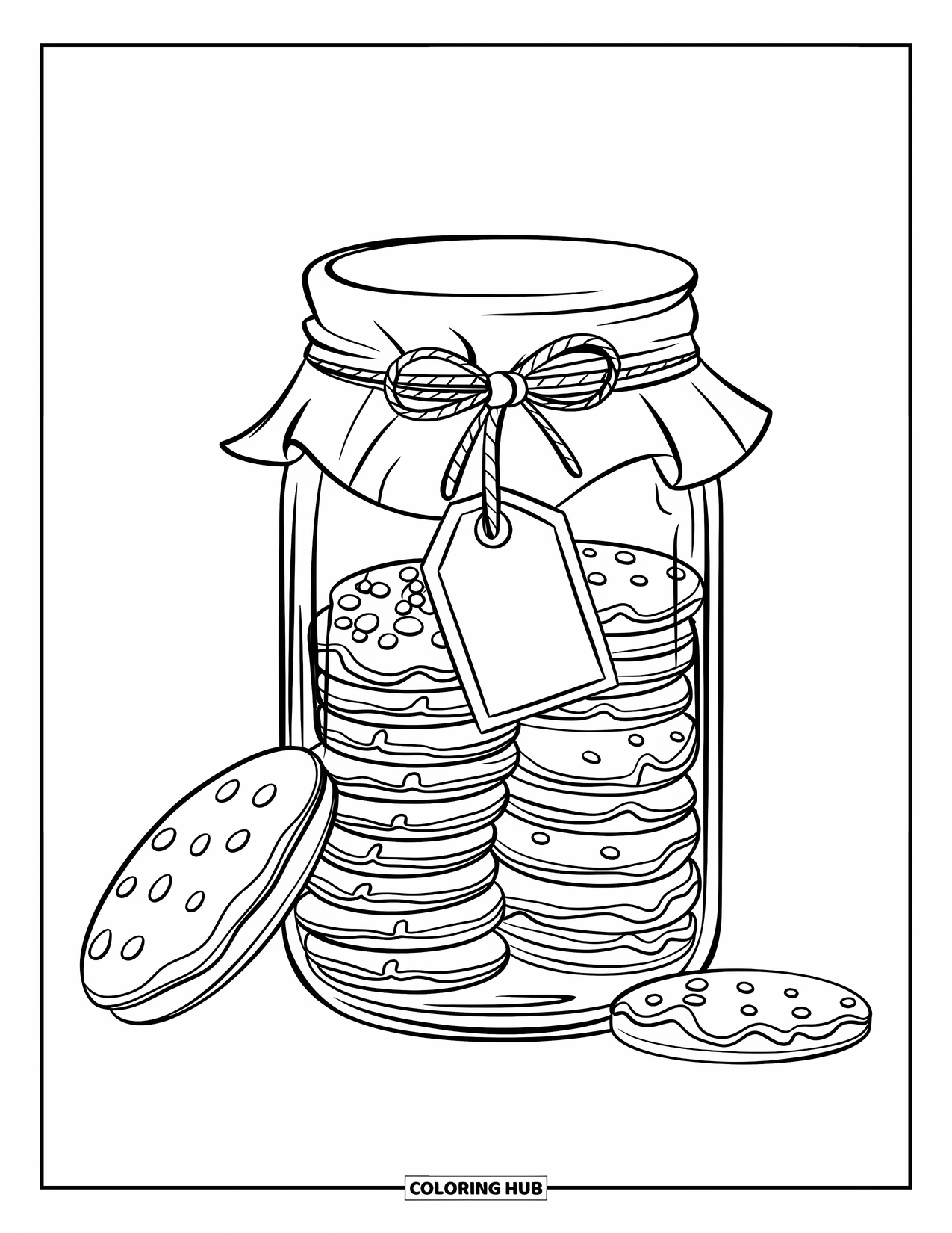 Christmas Cookie Coloring Page for Kids: Cookies peek out of a festive jar wrapped in twine and a holiday tag