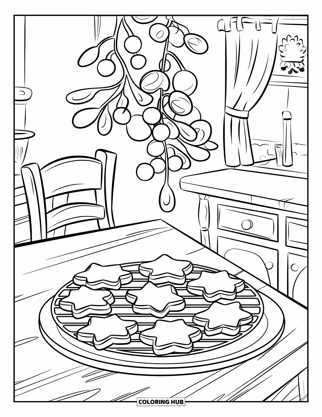 Christmas Cookie Coloring Page for Kids: Cookies rest on a plate and rack in a cozy kitchen