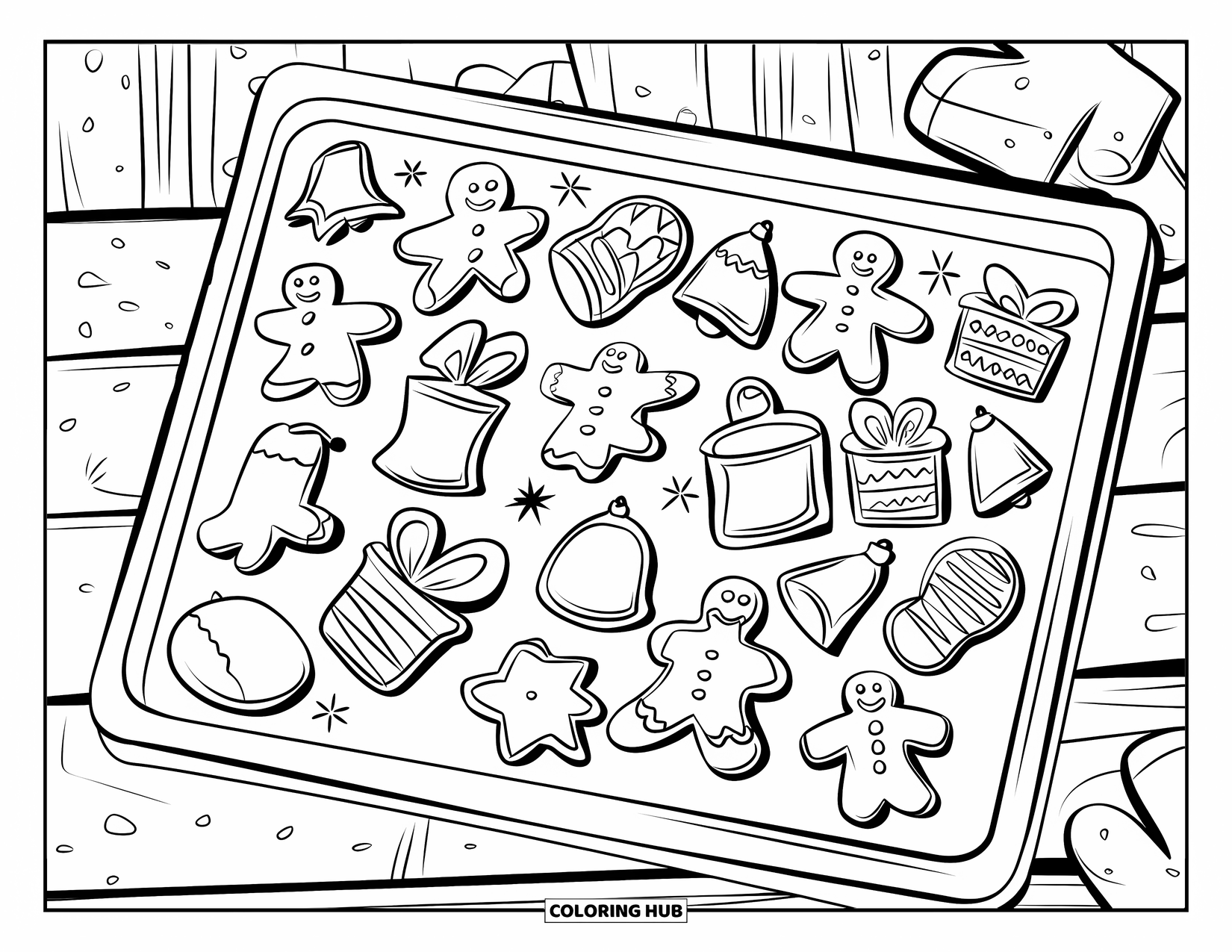 Christmas Cookie Coloring Page for Kids: Fresh cookies cool beside oven mitts in a warm kitchen scene
