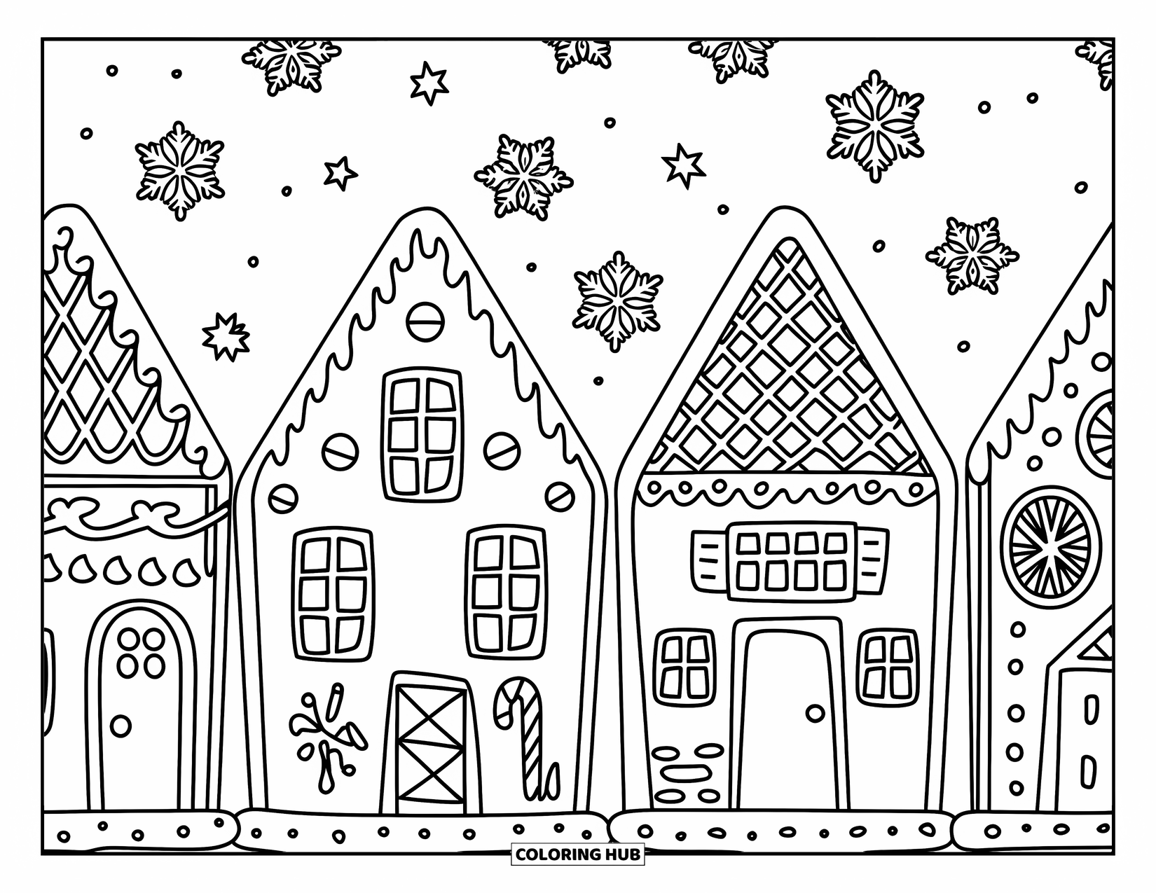 Christmas Cookie Coloring Page for Kids: Frosted cookie houses line up like a sweet winter village