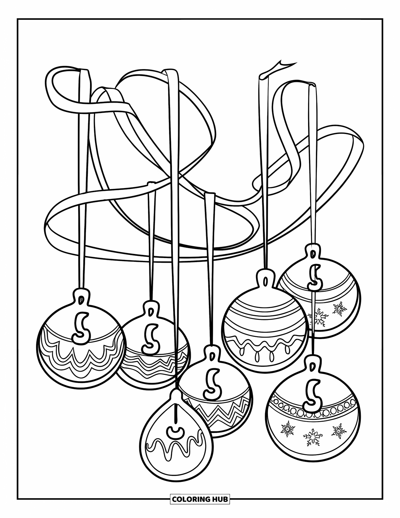 Christmas Cookie Coloring Page for Kids: Round and teardrop cookies hang gently from curling ribbons