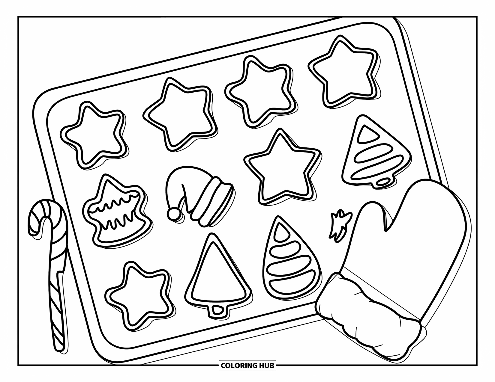 Christmas Cookie Coloring Page for Kids: Santa hats and candy canes decorate cookies on a cooling tray