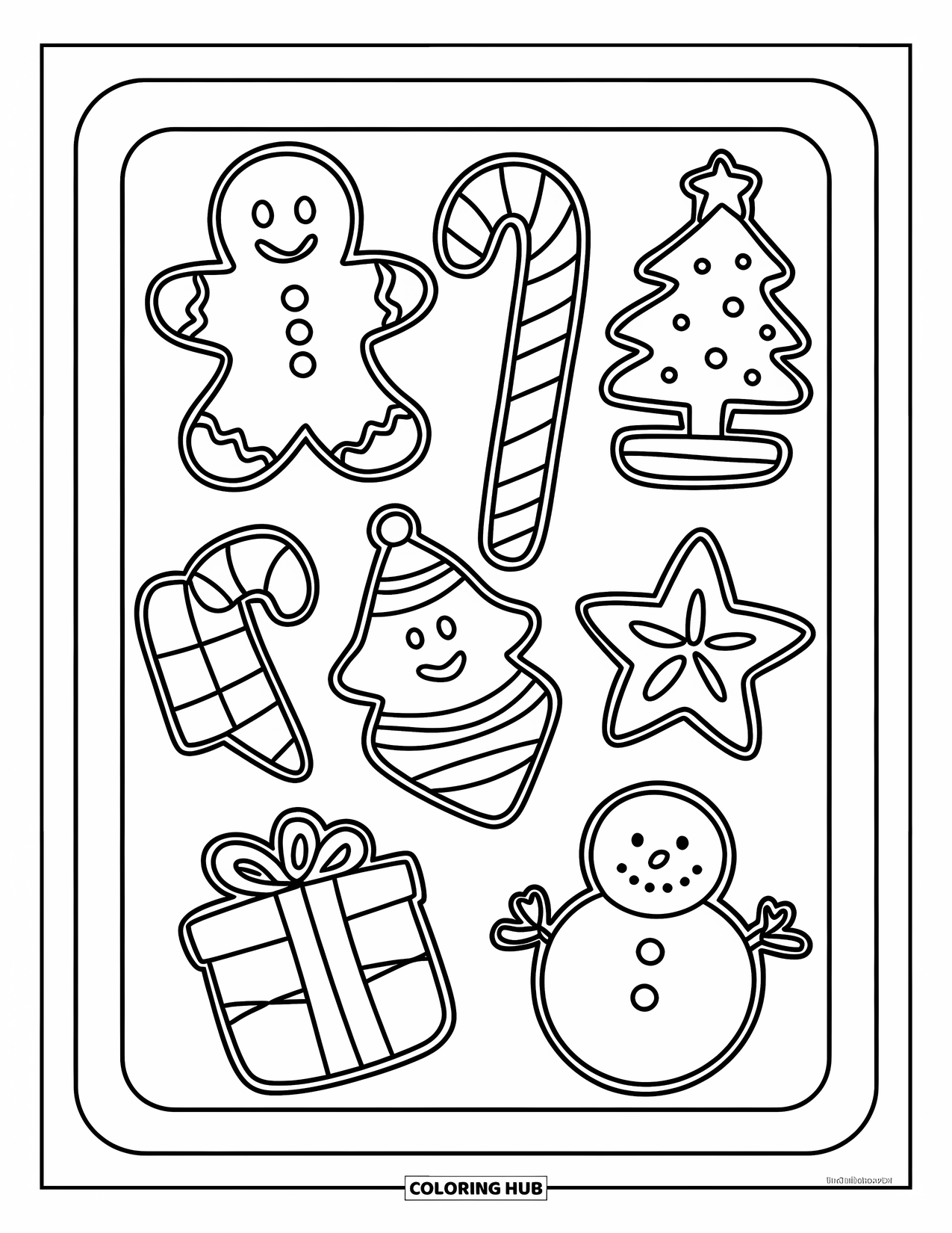 Christmas Cookie Coloring Page for Kids: Six fun-shaped cookies bake on a tray in festive holiday designs