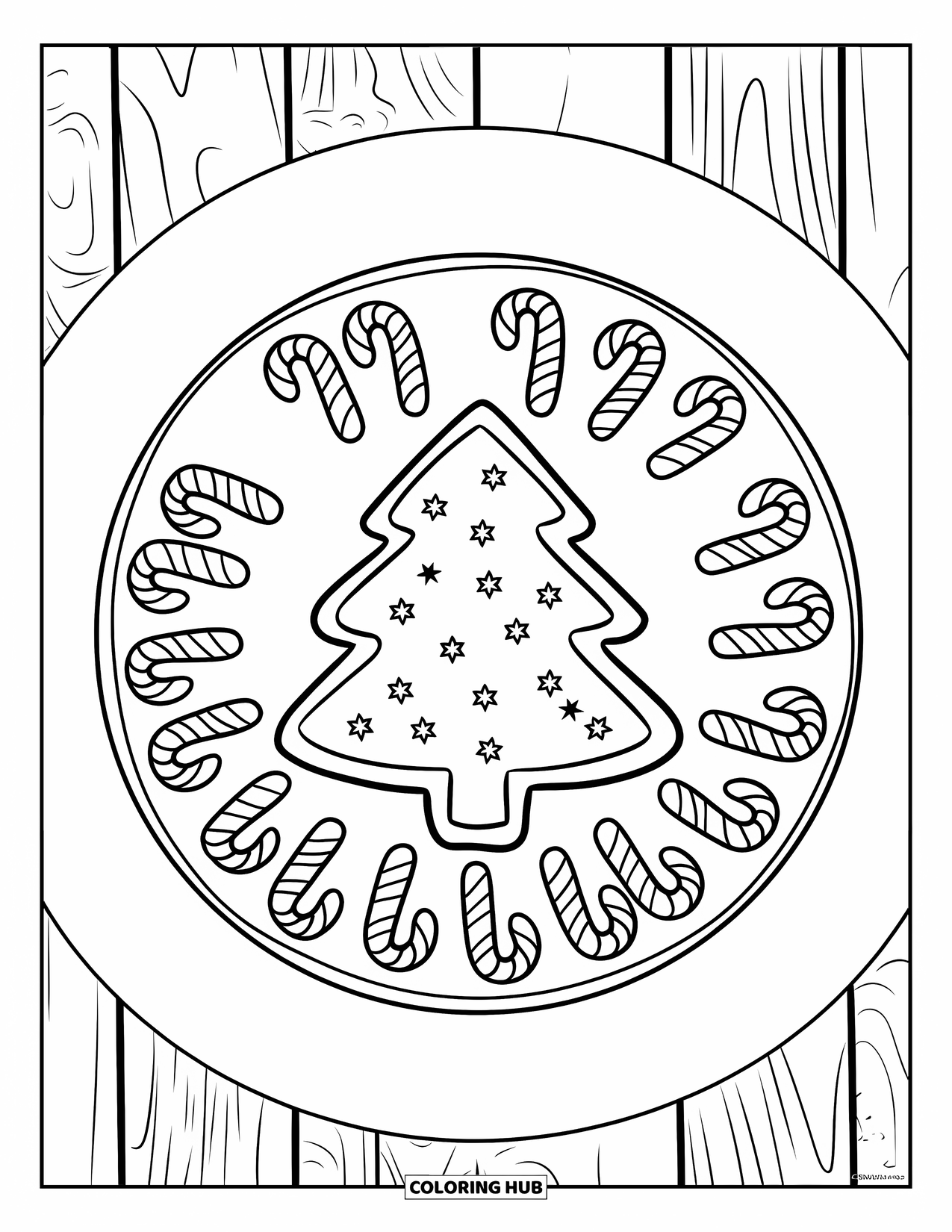 Christmas Cookie Coloring Page for Kids: Tree and candy cane cookies rest on a wooden surface