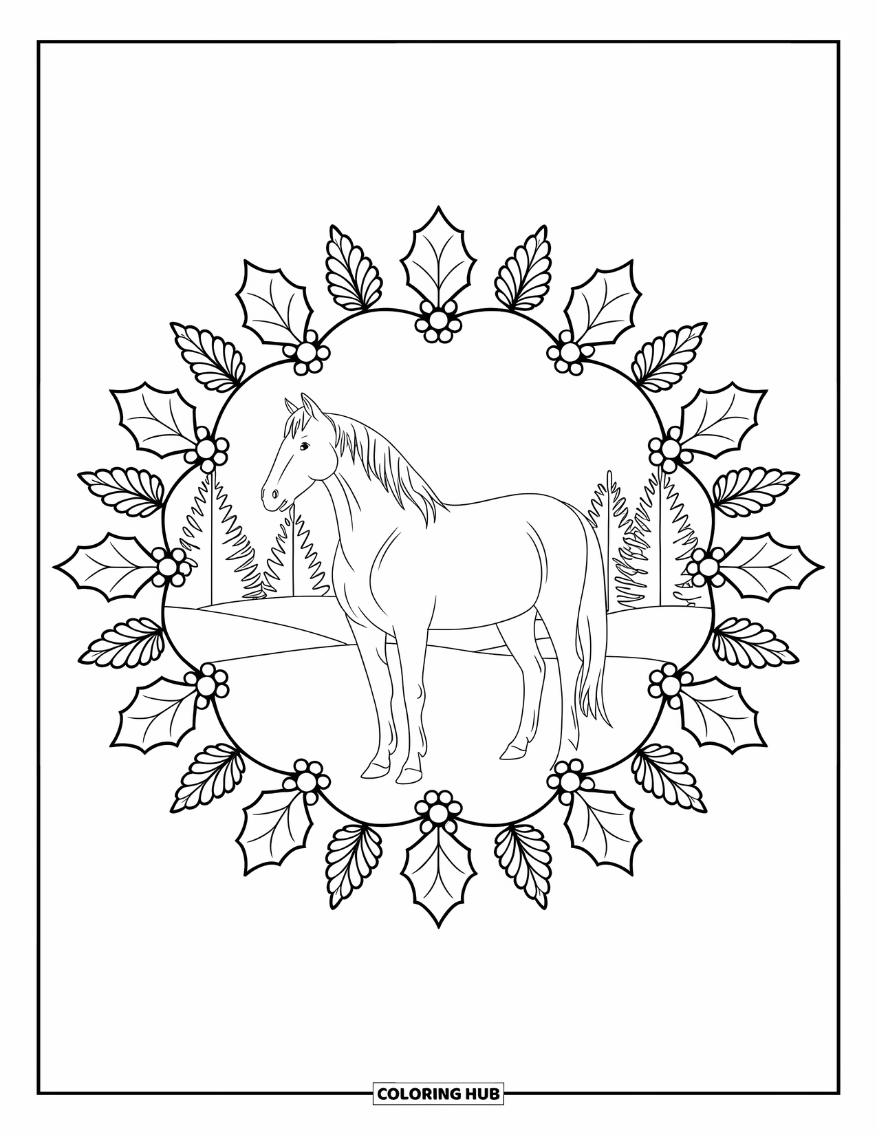 Christmas Horse Coloring Page for Adults: A calm horse stands in a snowy mandala of holly leaves and pinecones