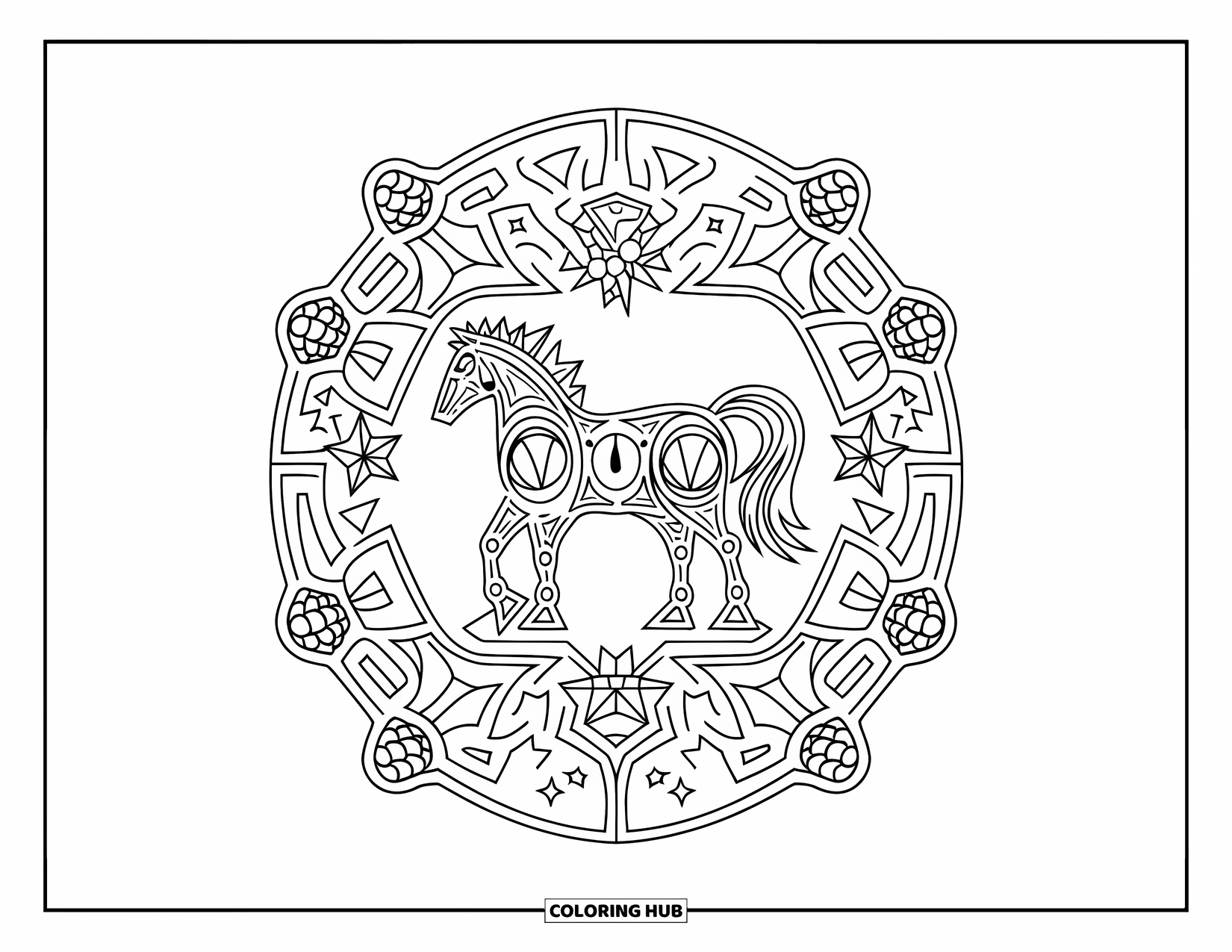 Christmas Horse Coloring Page for Adults: A detailed design surrounds a horse with stars, bows, and pinecones